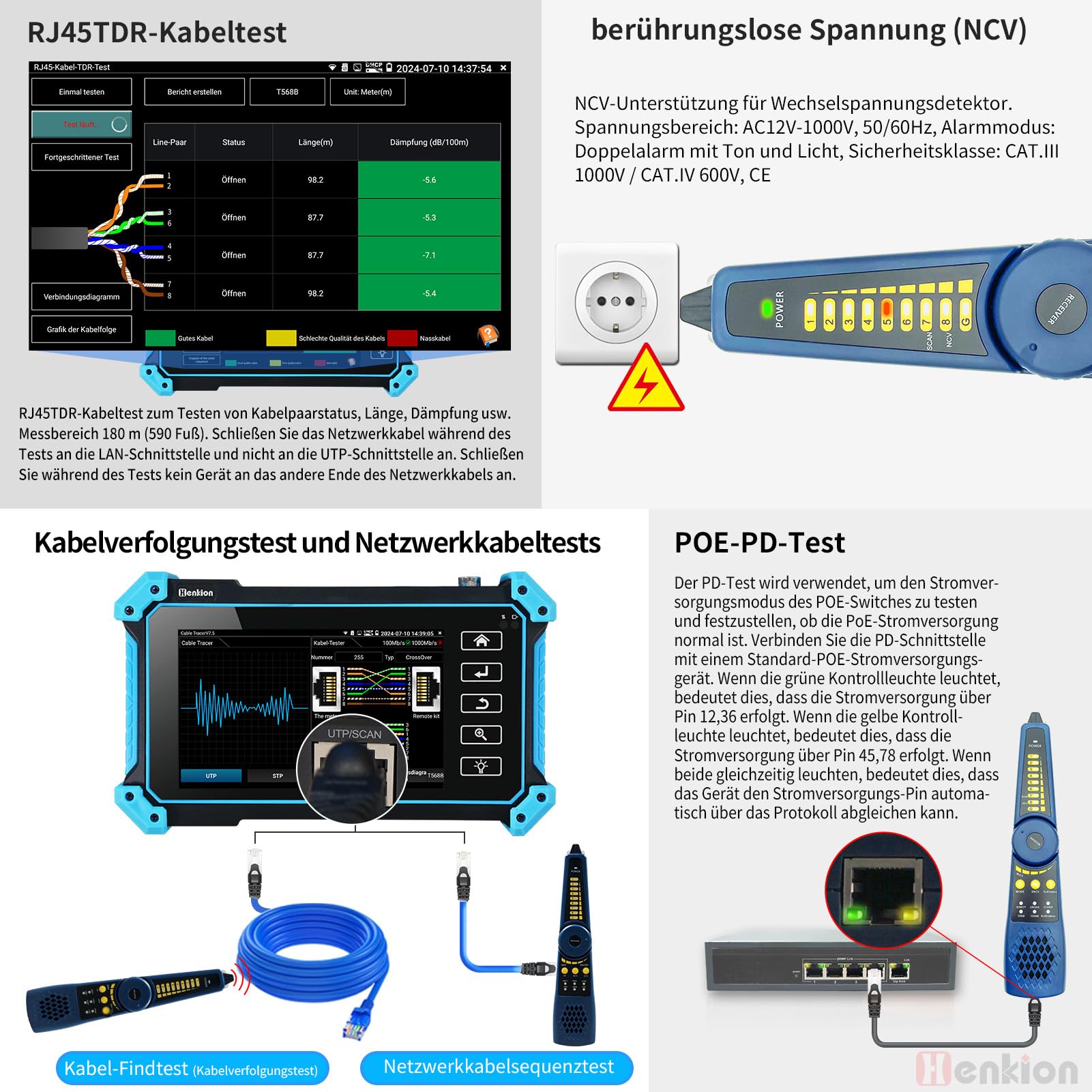 Henkion IPC-5100C Plus - Tester per fotocamera CCTV da 5,4 pollici, schermo touch, tester CCTV, 12 MP, IPC e 4 K, 8 MP, TVI CVI AHD, tester per cavo di prova per fotocamera POE HDMI VGA WiFI RS485