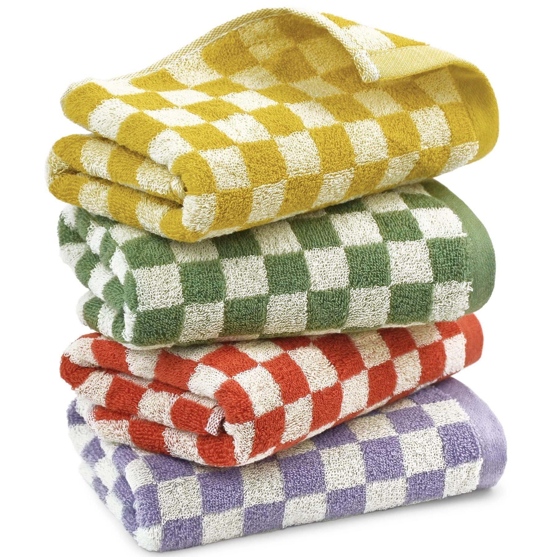 JacquothaHand Towels for Bathroom 4 Pack, Cotton Face Towels Soft Absorbent for Spa Bath Gym Kitchen, Fall Hand Towels Decorative Checkerboard, 13 x 29 Inches, 4 Colors