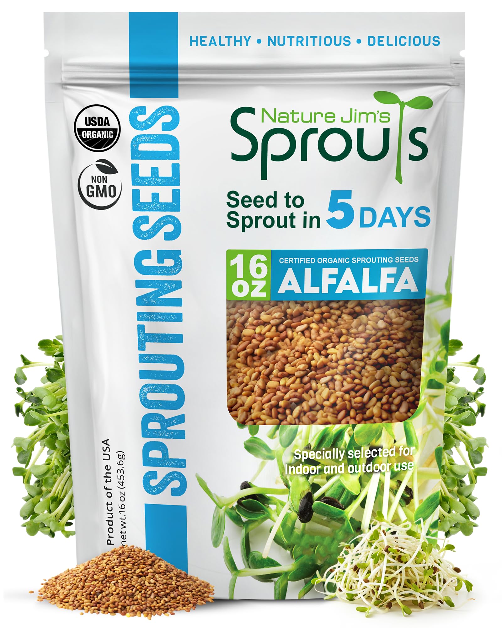 Nature Jims Sprouts Alfalfa Seeds – Non-GMO Organic Sprout Growing Kit for Planting – Premium Resealable Bag for Fresh Homegrown Sprouting Seeds – Rich in Nutrients, Vitamins, Fiber & Minerals – 16oz