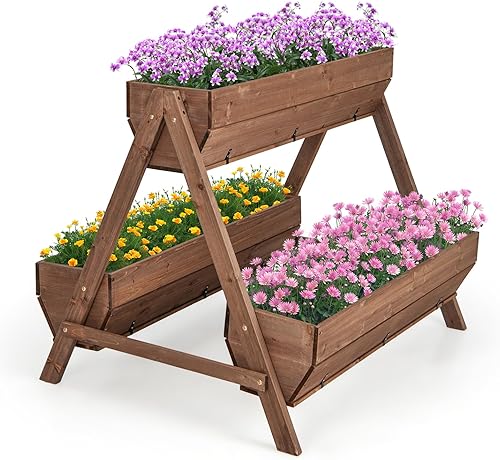 Miniatura 10 de Giantex Cama de jardín vertical elevada, 3 cajas de madera para flores, verduras, frutas y hierbas, maceta de jardín independiente con agujeros de