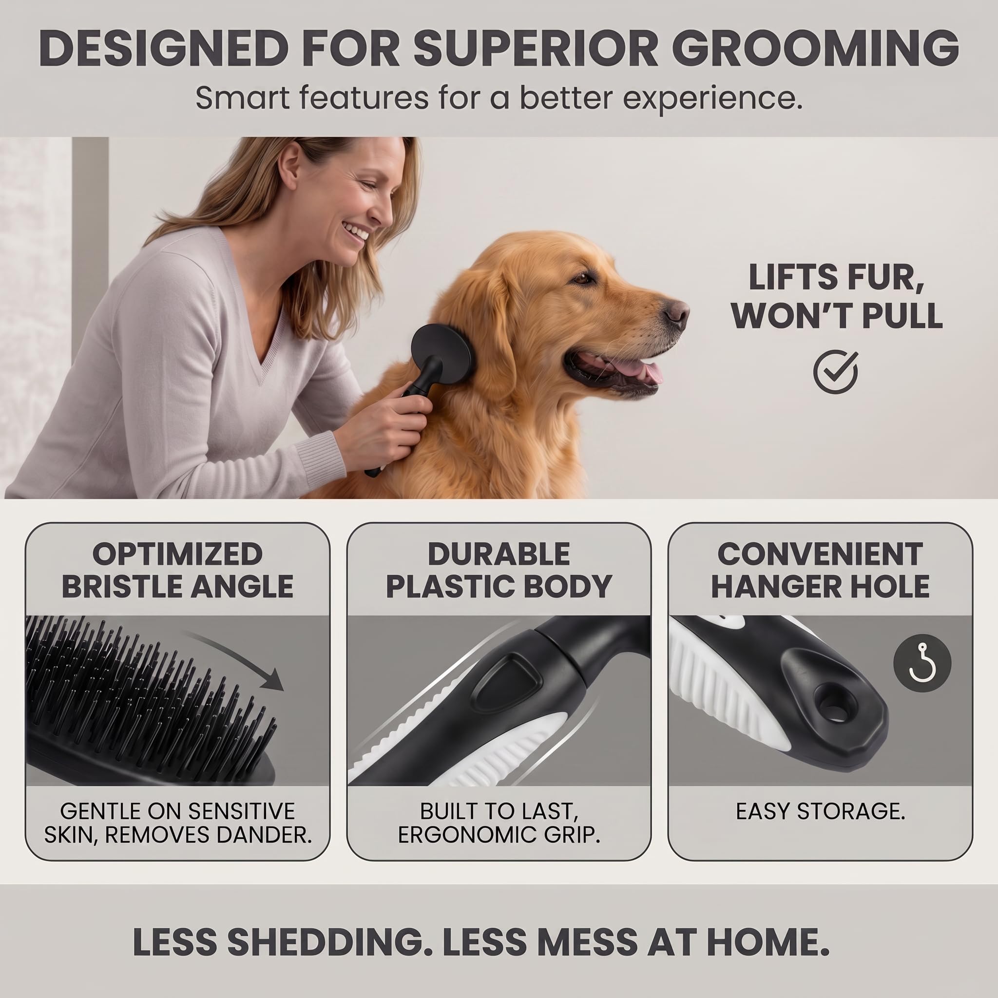 Brosse à poils ronds pour chiens et chats – Brosse douce pour le toilettage des poils courts ou longs – Outil doux pour peaux sensibles Élimine les squames, la saleté et démêle (noir)
