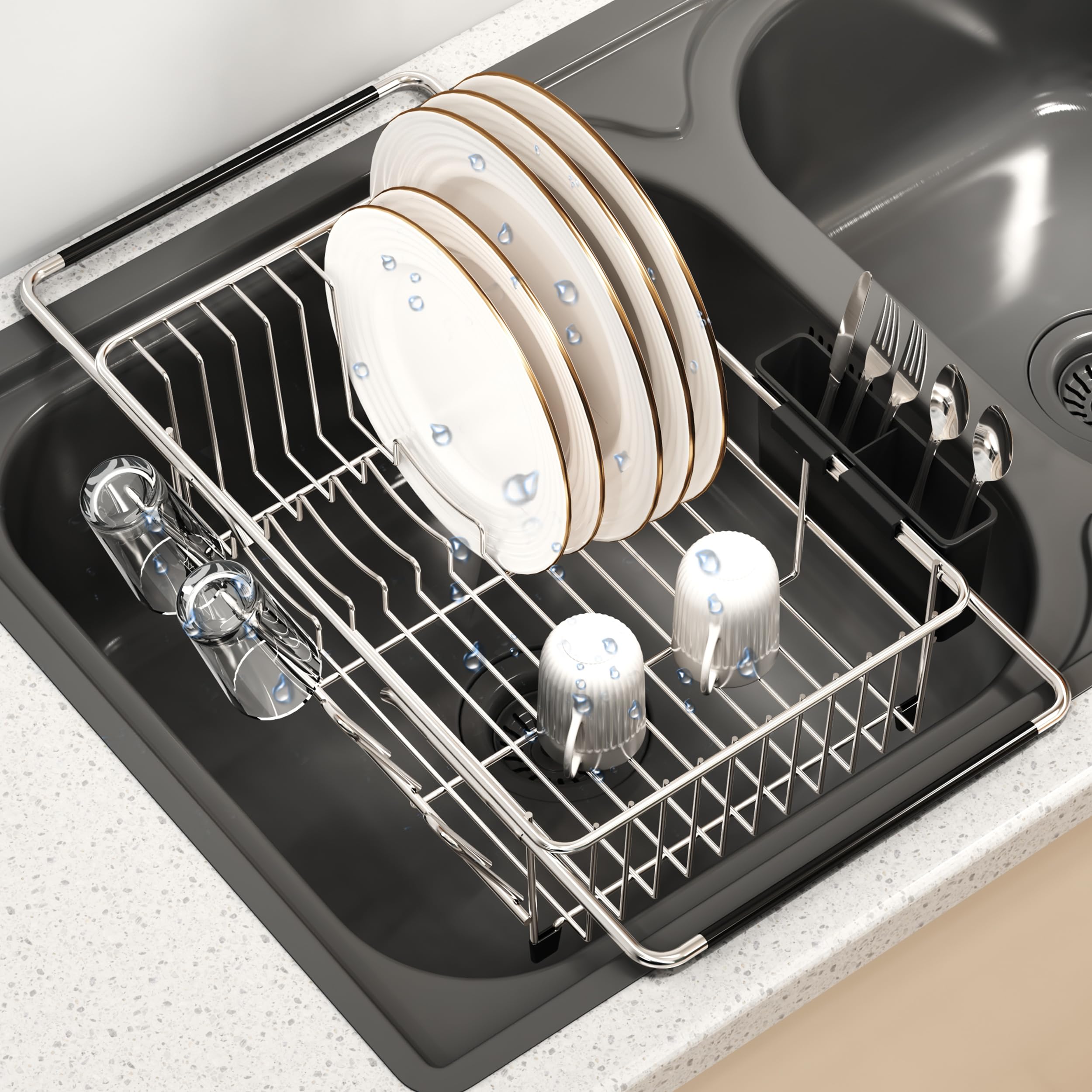 MAJALiS Stainless Steel Dish Rack in Sink - Silver, Over The Sink Dish Racks with Utensil Holder, Space-Saving, Easy to Install