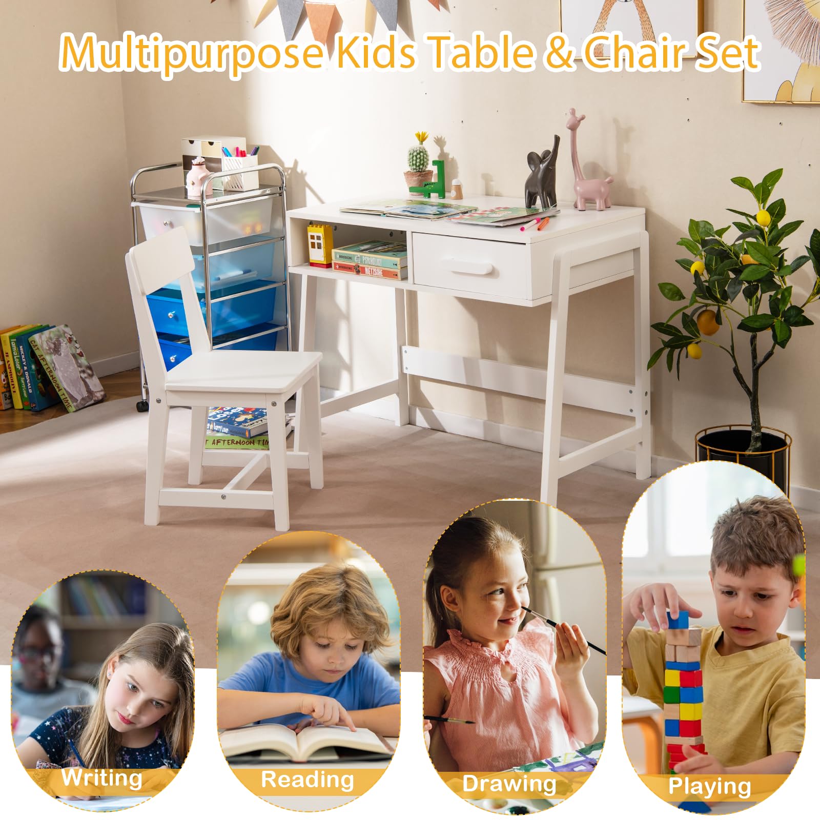 LIFEZEAL Set Scrivania e Sedia per Bambini 3+Anni, Scrivania con Cassetto, Banco Scuola, Tavolo da Studio, Sedia con Schienale, in Legno, per Cameretta, Giocare, Studiare, Multiattività (bianco)