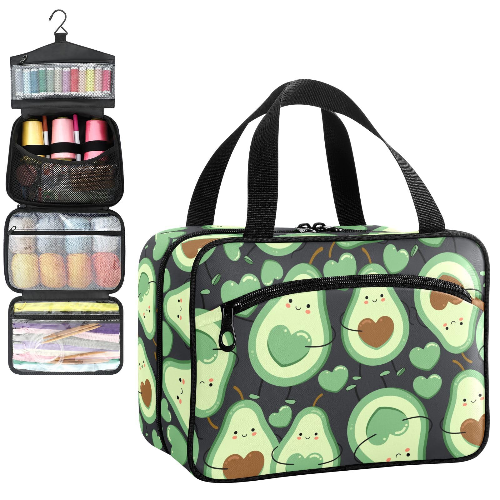 YNNALE Sewing Supply Organizer Bag, Avocado Green Happy Fruit Portable Sewing Bags with Pockets&Hanger, Sewing Storage Box Case for Sew Supplies/Kit/Tools/Accessories (BAG ONLY)
