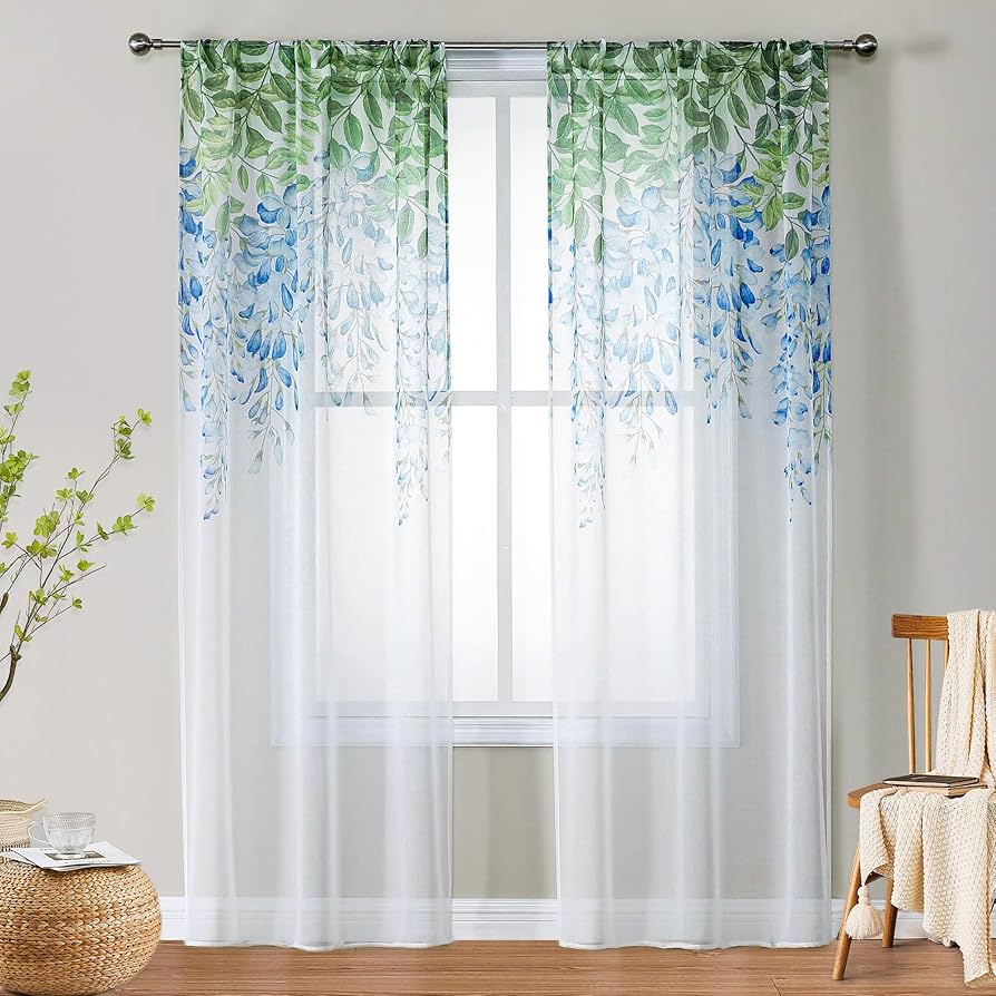 水色 花柄 ドレープカーテン