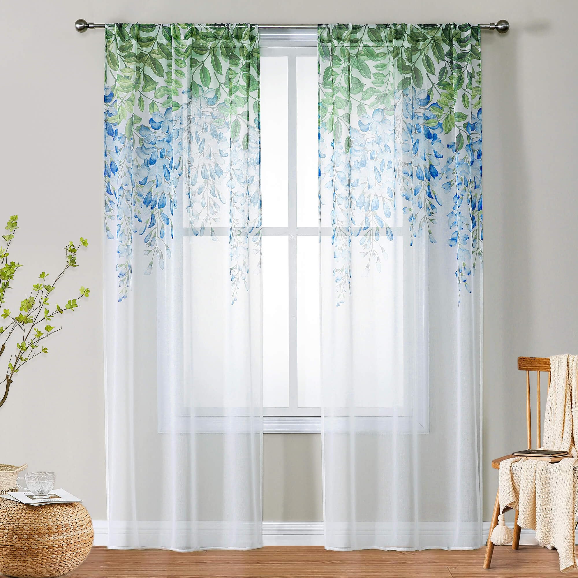 WUBODTI Floral Sheer Curtains for Living Room Nursery, Faux Linen Green Leaf Patterned Country Farmhouse Curtain Drapes Boho Flowers Toile Window