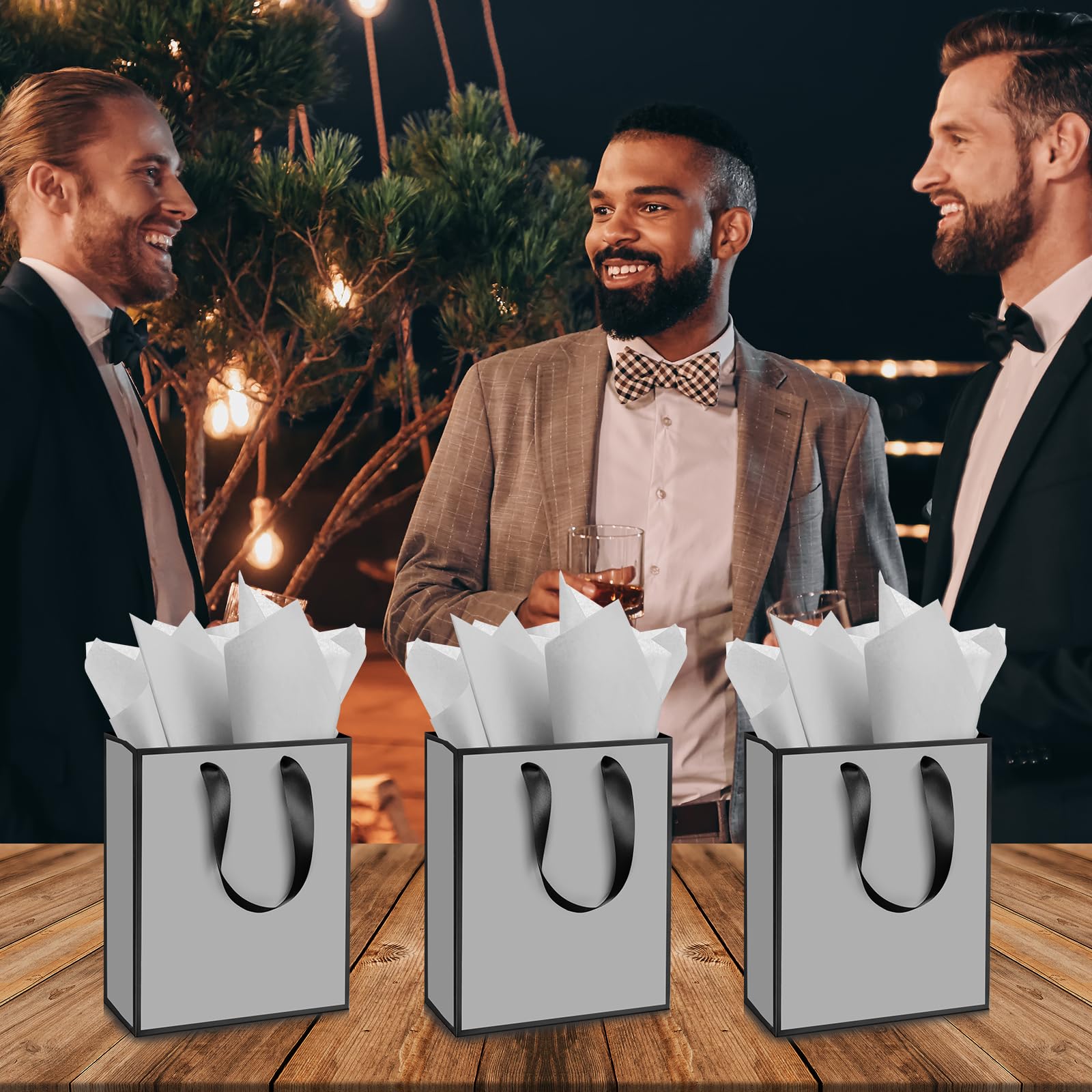 Yeaqee 24 Pack Metallic Paper Gift Bags with Handle and Tissue 9x7x3.1 Gold Foil Welcome Thank You Favor Bags Return Gifts for Wedding Graduation Bridesmaid Groomsmen Birthday(Gray, Black)