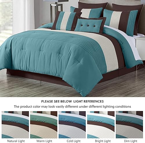 Miniatura 5 de Chezmoi Collection Loft - Juego de edredón de lujo a rayas de 8 piezas (tamaño Queen, azulbeigemarrón chocolate)