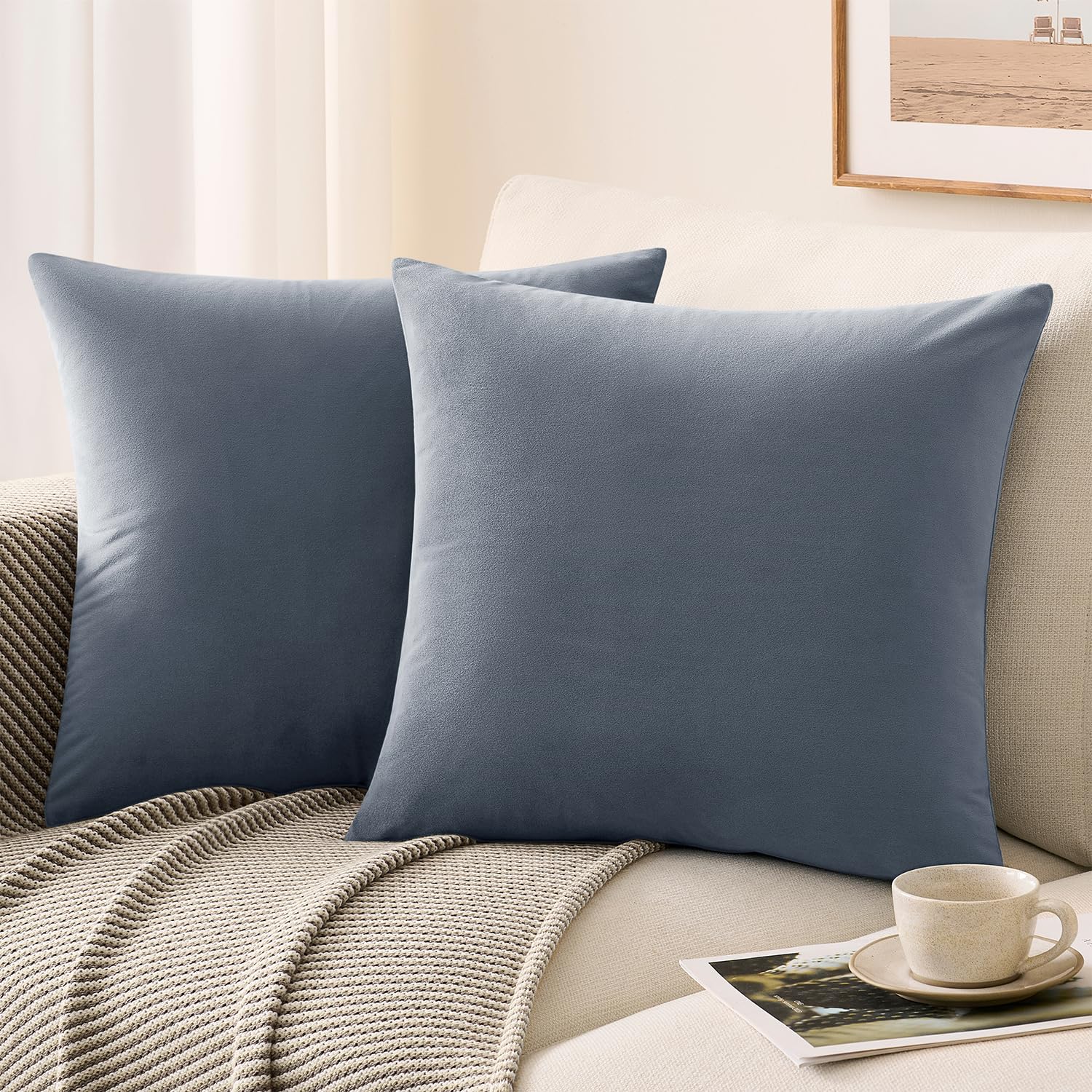 GriNeed Throw Pillow Covers Set of 2 18x18 Inch Velvet Pillow Covers, Soft Blue Grey Decorative Covers for Couch Sofa Bed Living Room, Neutral Farmhouse Covers, Home Boho Decor