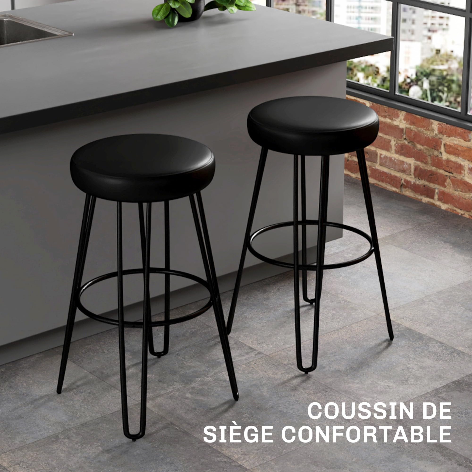 Tabourets De Bar Lot De 2, LUMINARIX, Chaise De Cuisine Haute,assise Rembourrée, PU, Pieds En Métal,hauteur D'assise 65 Cm, Noir - Maison