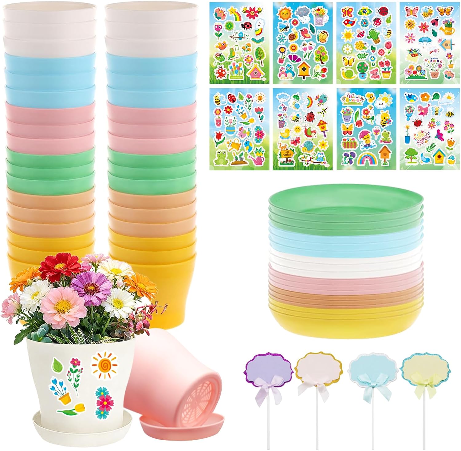 Adboros 36 Resin Garden Pot Craft Kit with Trays, Stickers & Writable Cards - DIY Flower Planting for Kids Classroom Spring Activities