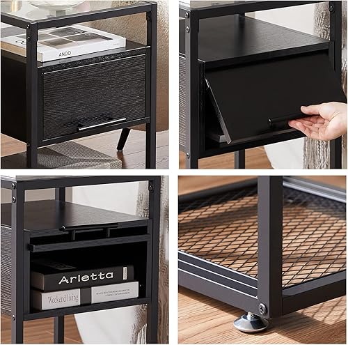 Miniatura 7 de VECELO Mesita de noche de cristal, mesas auxiliares con cajón abatible, estante de almacenamiento abierto y marco de acero estable, mesitas de noche