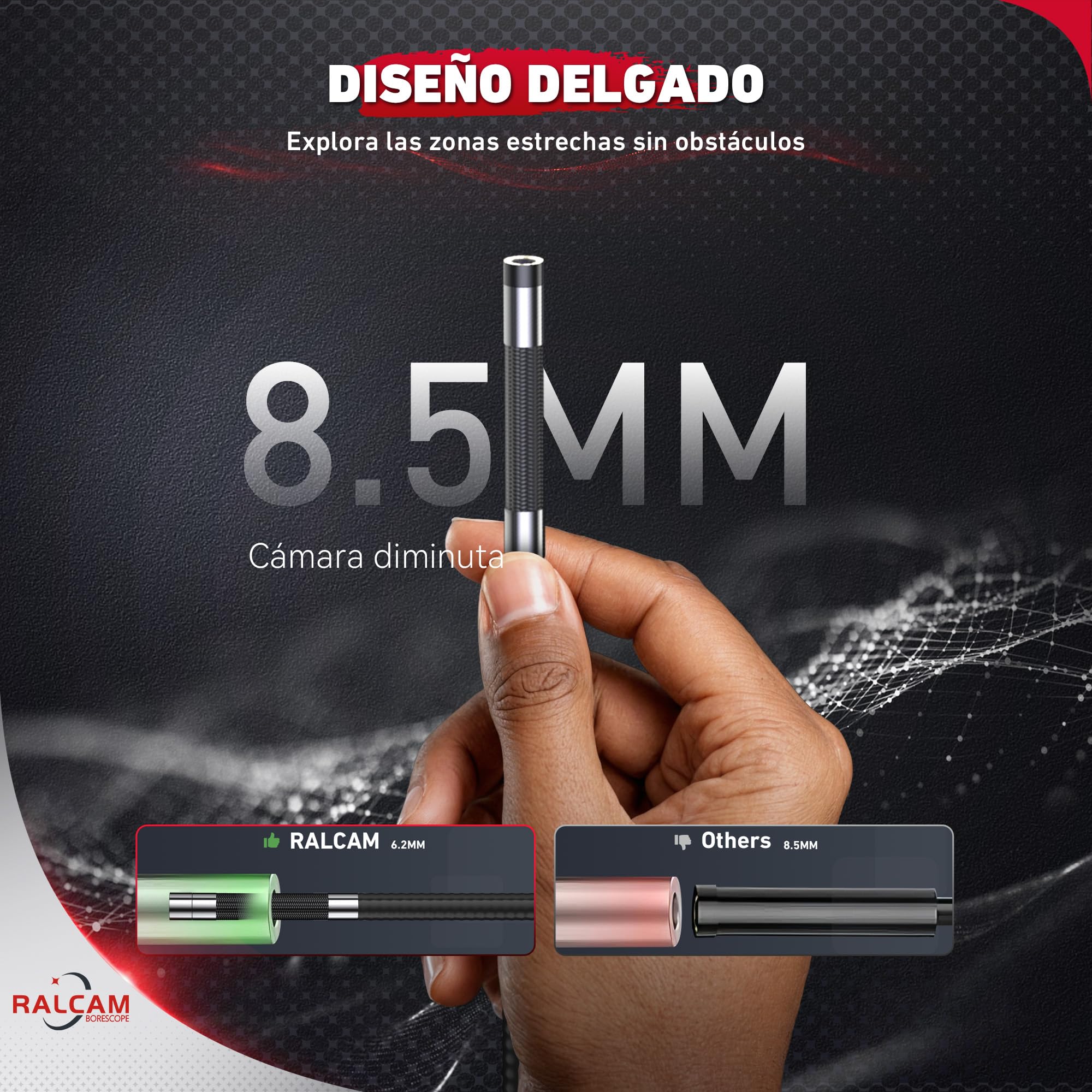 Ralcam Cámara Endoscópica con Pantalla 4,3" HD 1080P, 8,5mm con 6 LED, IP67 Impermeable, Endoscopio Profesional para Automóviles, Hogar y Fontanería (Sonda 1m Flexible)