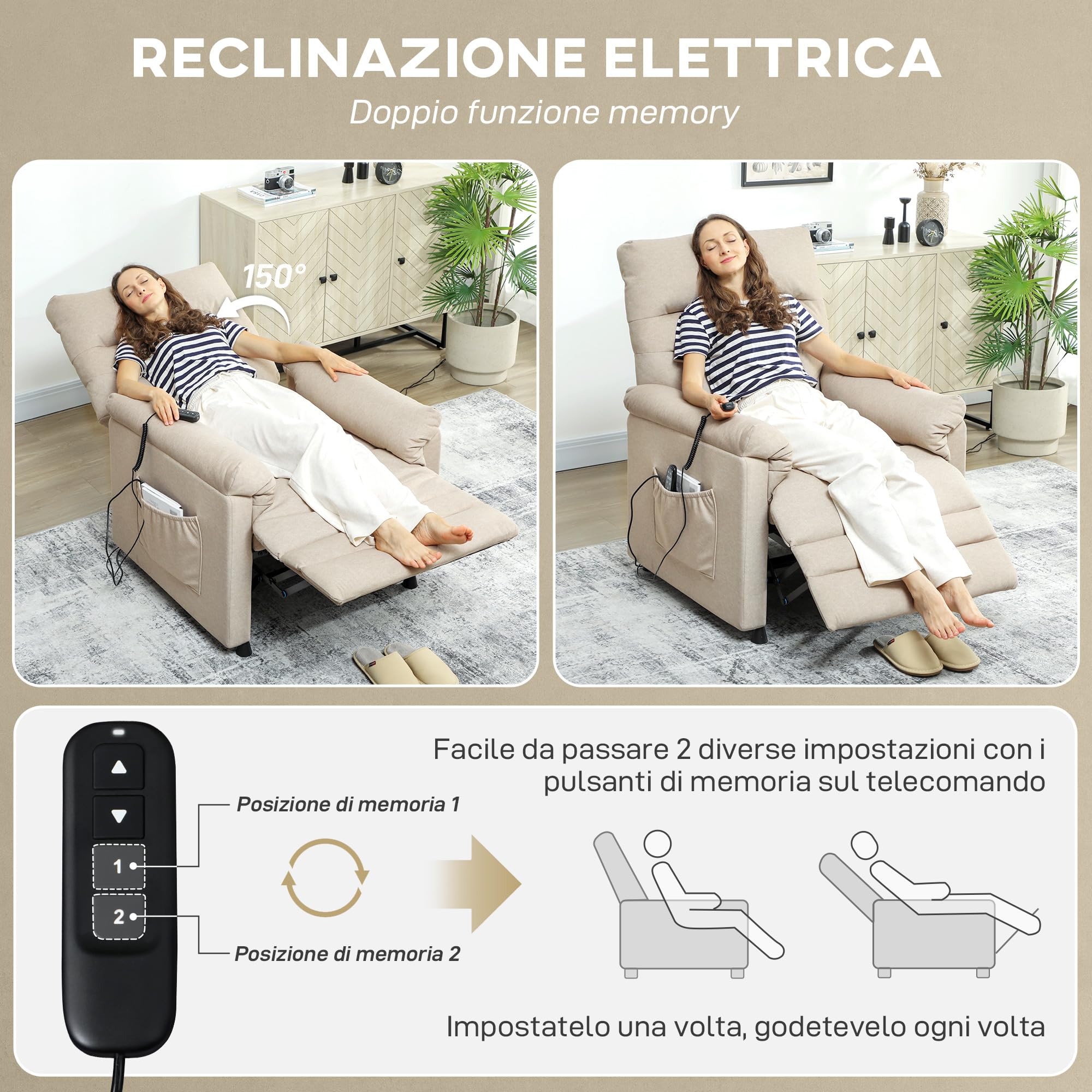HOMCOM Poltrona Relax Elettrica Massaggiante e Riscaldante con Poggiapiedi, Silenziosa, Poltrona Reclinabile 150° in Velluto Pet Friendly con Funzione Memory, 2 Telecomandi e USB, Beige