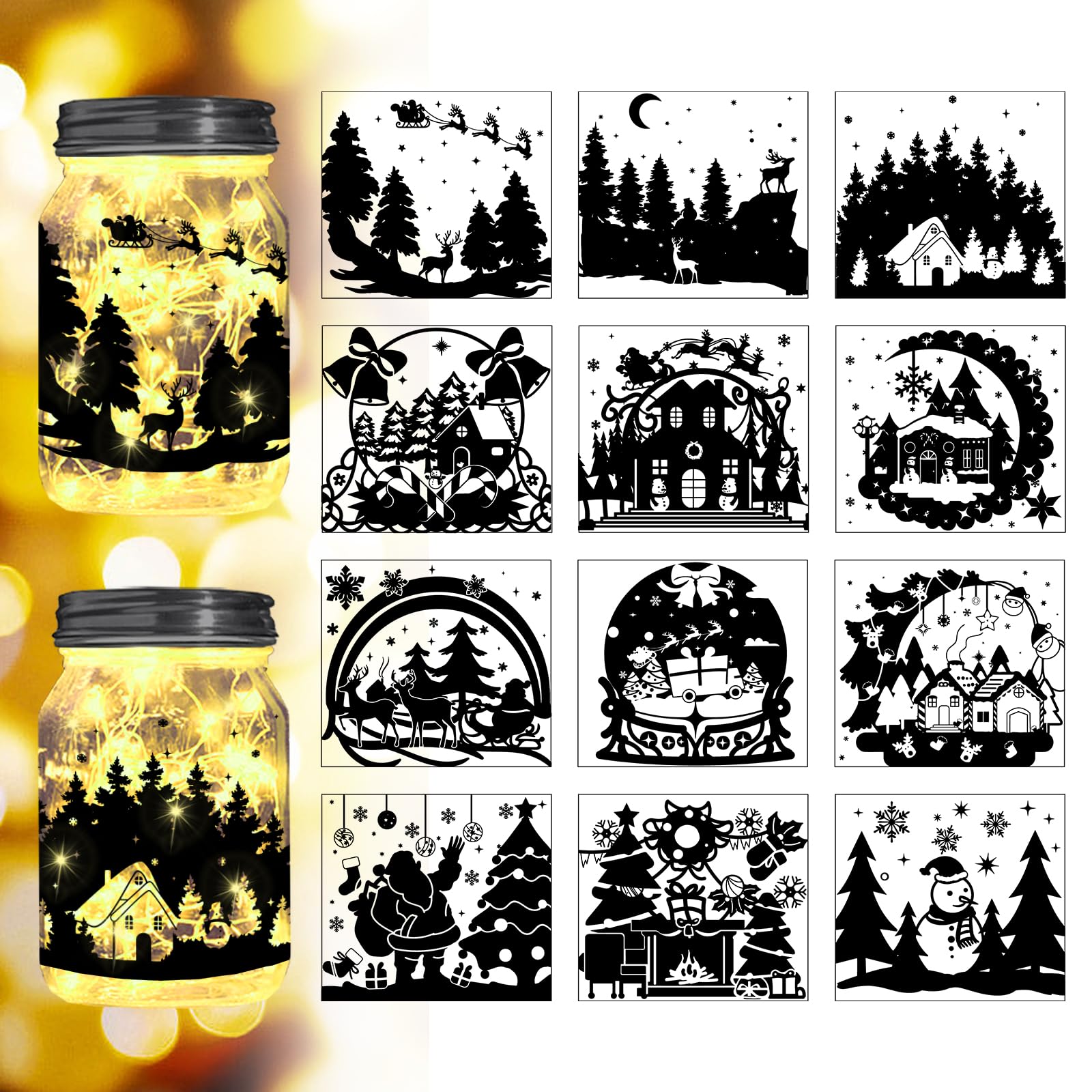 Peacoblue Christmas Scene Silhouette Mason Jar Decor, Lantern Cutouts 12PCS