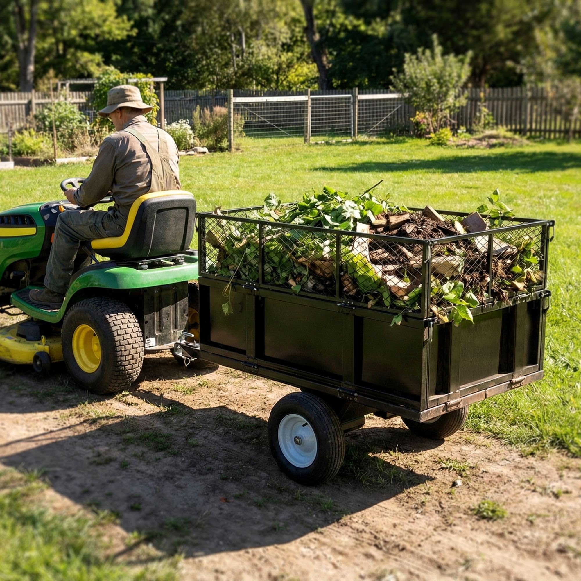 CLP ATV Kippanhänger 300kg für Rasentraktor, Gartenanhänger mit Gitteraufsatz, klappbaren Bordwänden, Universal-Kupplung, schwarz