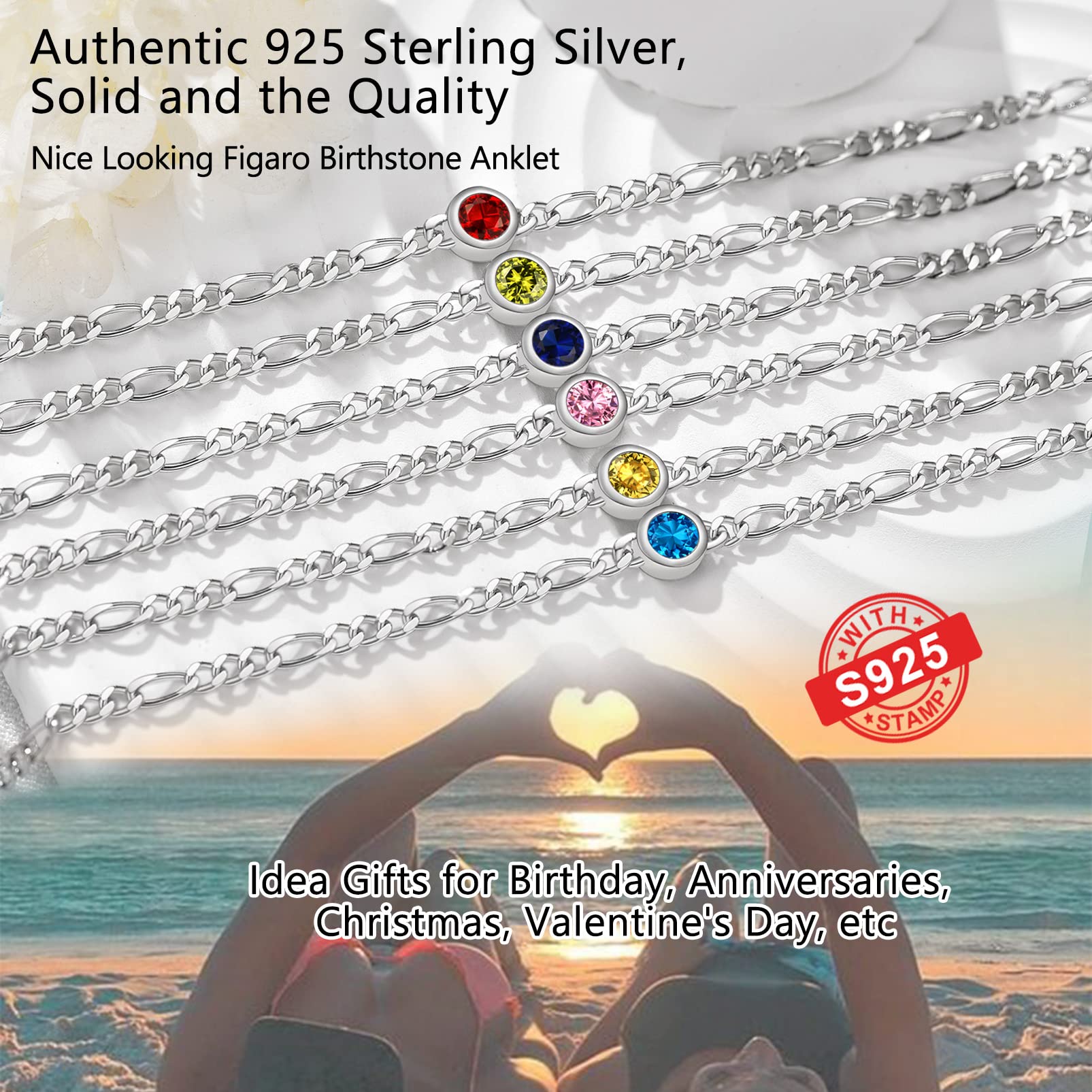 PROSILVER Cavigliera Argento 925 con Pietra Portafortuna 12 Mesi da Estate Spiaggia con Confezione Regalo 22+5cm Regaolabile