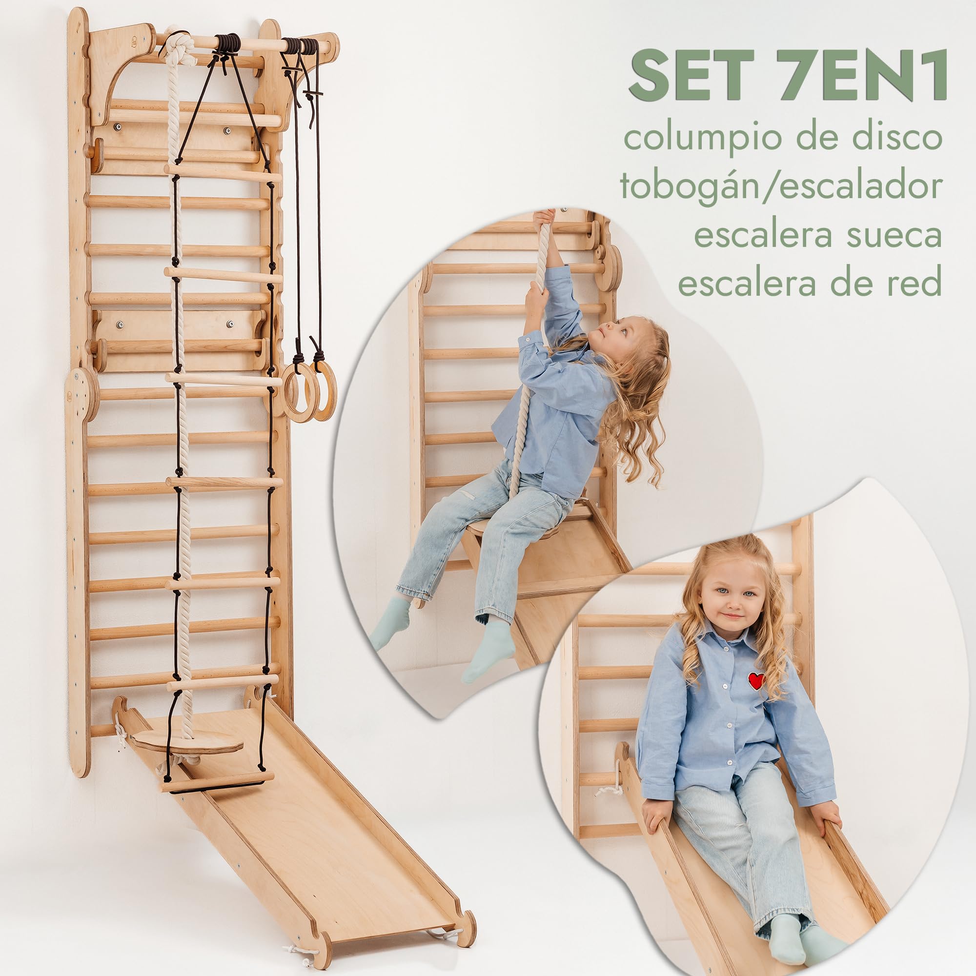 Goodevas Escalera Sueca para el Área de Juegos de Interior - Conjunto de Juegos de Escalada Montessori - de Escalada en Madera de Interior para Niños Pequeños y Niños de 2-12 Años