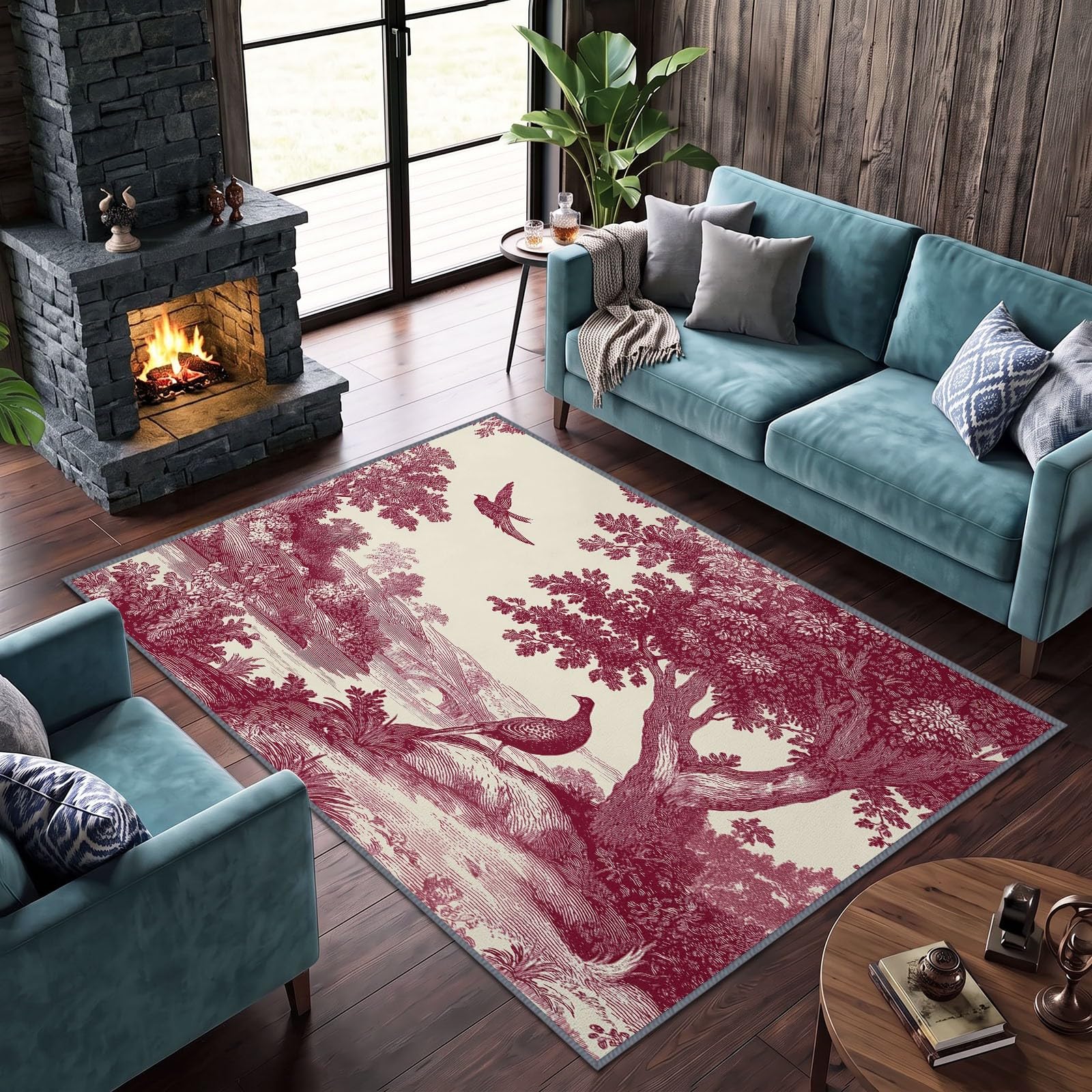 Générique Tapis Lavable en Machine 140 x 200 cm Animaux Oiseaux Branches Feuilles Tapis Poils Courts Anti-Poussière – Design Élégant et Antidérapant – Parfait pour Salon, Chambre et Couloir, Rouge
