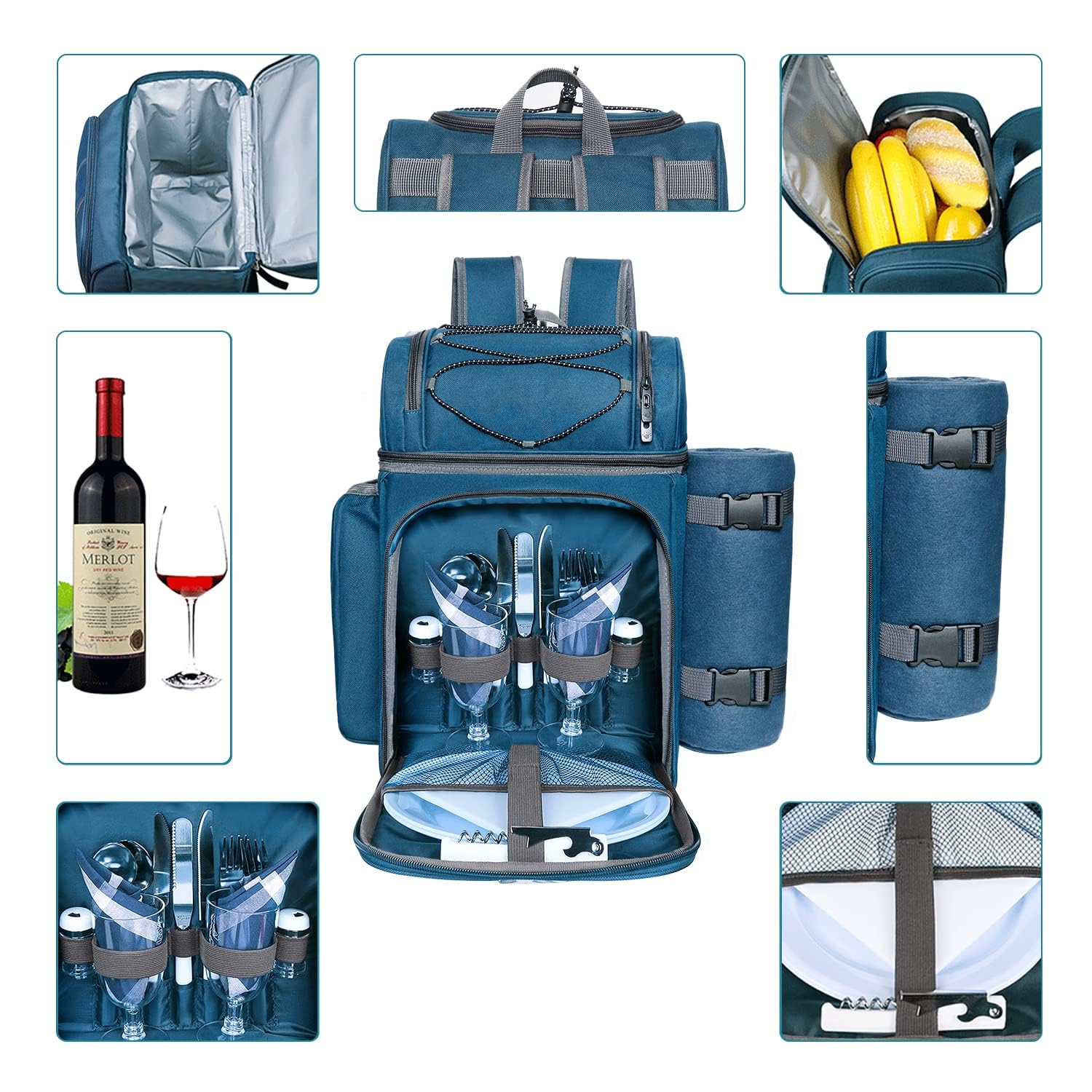 Hap Tim Picknick-Rucksack-Kühler für 2 Personen mit isolierter auslaufsicherer Kühltasche, Weinhalter, Fleece-Decke, Besteck-Set, perfekt für Strand, Tagesreisen, Wandern, Camping,(EU-36083-BL2)…