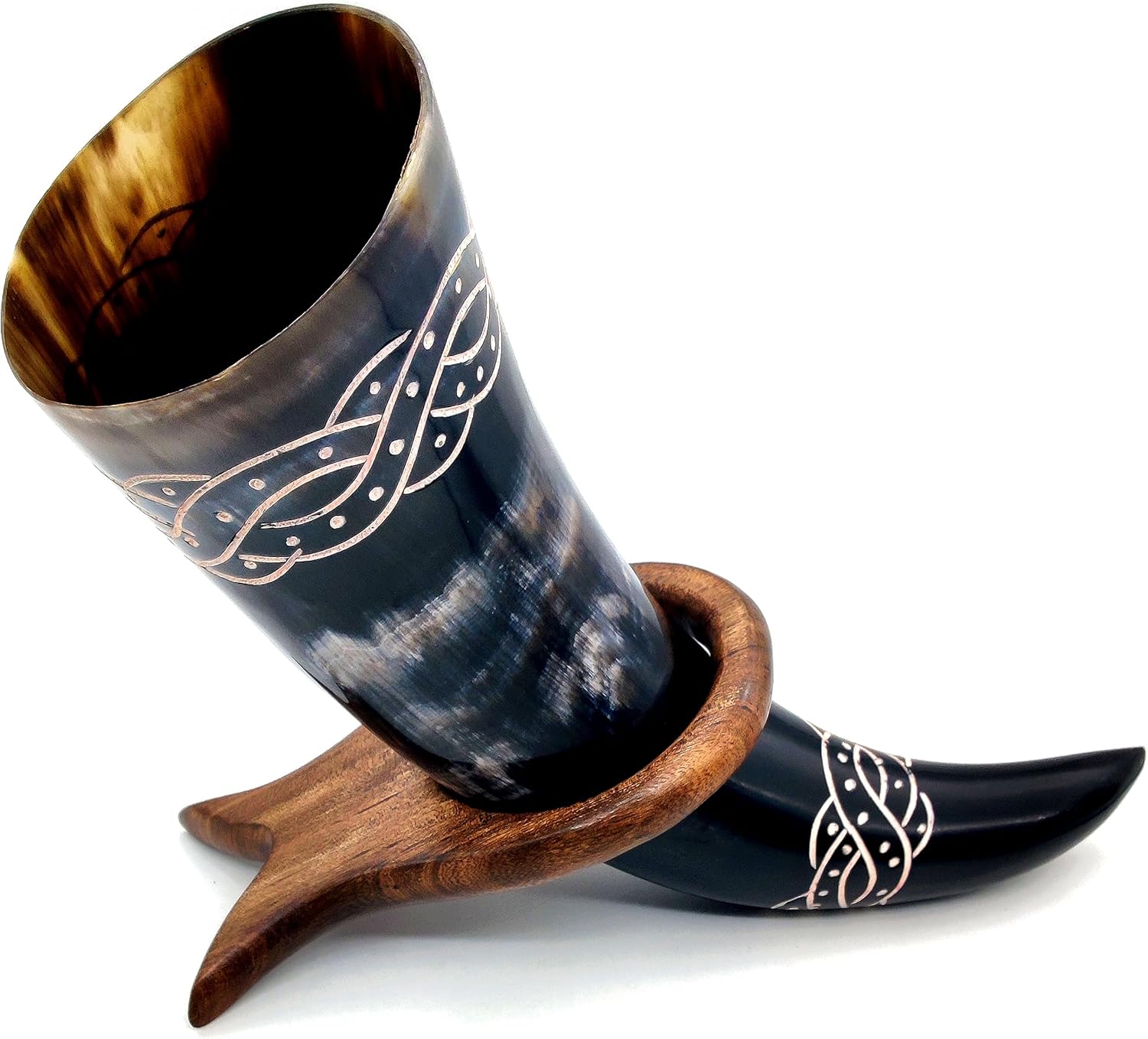 Stark wolf engraved horn mug 12 inch vikings horn Medieval Drinking Horn with wooden stand 16oz