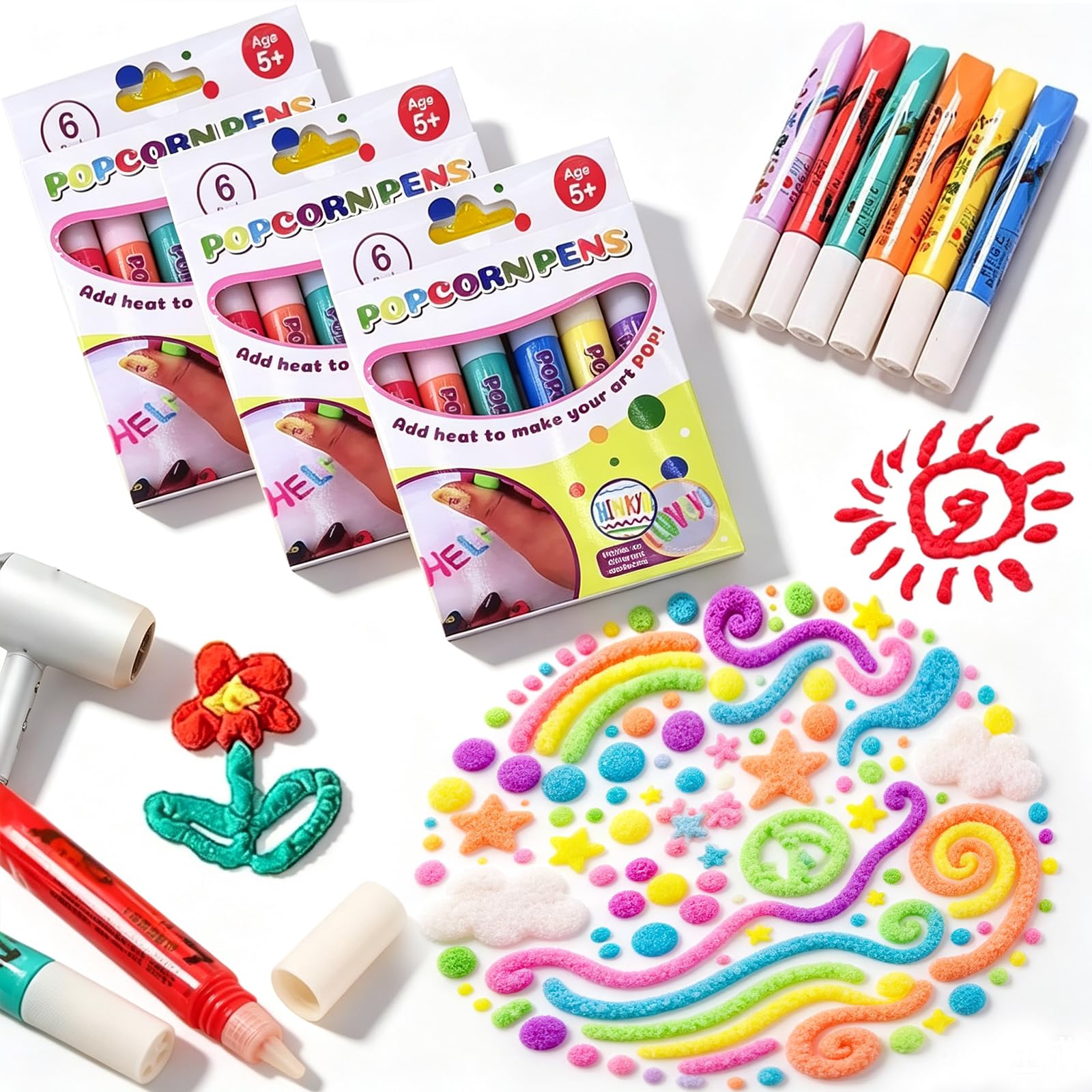 CUOSTU 3 Set 3D Bubble Popcorn Drawing Pens, DIY Puffy Velvet Popcornpens