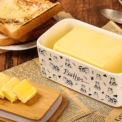 Miniatura 4 de Lumicook - Plato de mantequilla de porcelana con tapa, tapa de bambú natural, sello incluido para plato de mantequilla hermético, soporte de