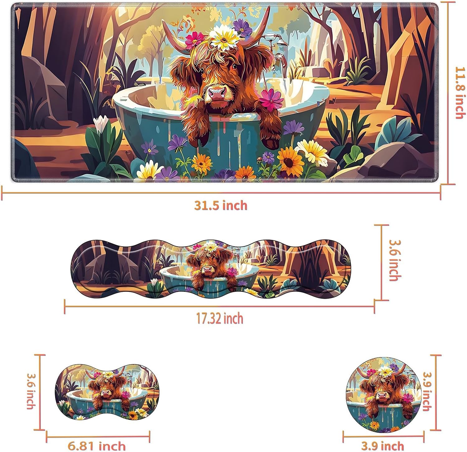 Desk Mat Large Gaming Mouse pad Set 31.5x11.8 inch [4in1Mousepad + Keyboard Wrist Rest+Mouse Wrist Rest+Coaster ] with Ergonomic Desk Pad for Home Office Table Computer - Color Highland Cow Flower