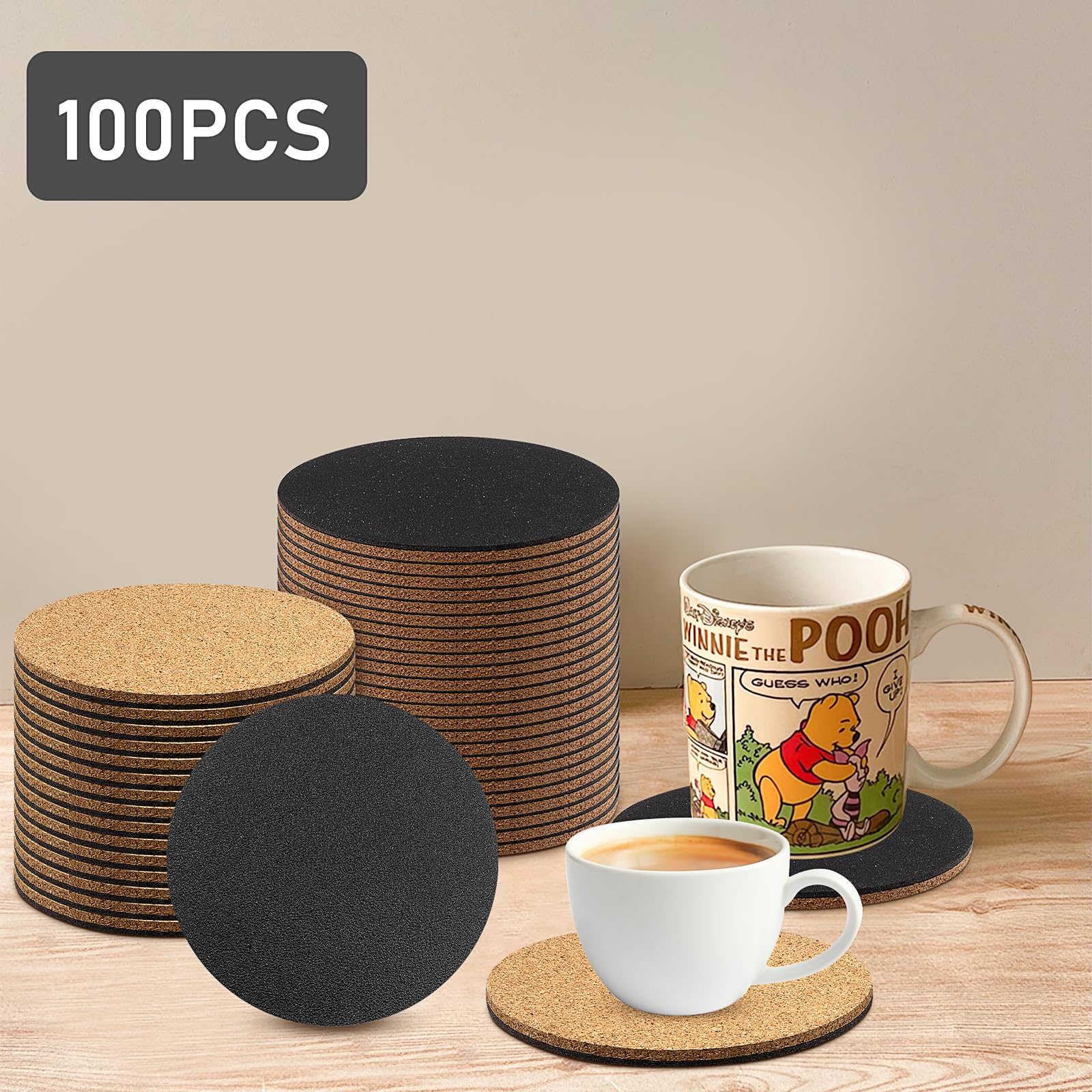 Lot de 100 dessous de verre ronds en liège - 10 cm - En cuir synthétique épais - Avec dos en liège - Pour verres, tasses, gravure laser, bricolage, bar, mariage