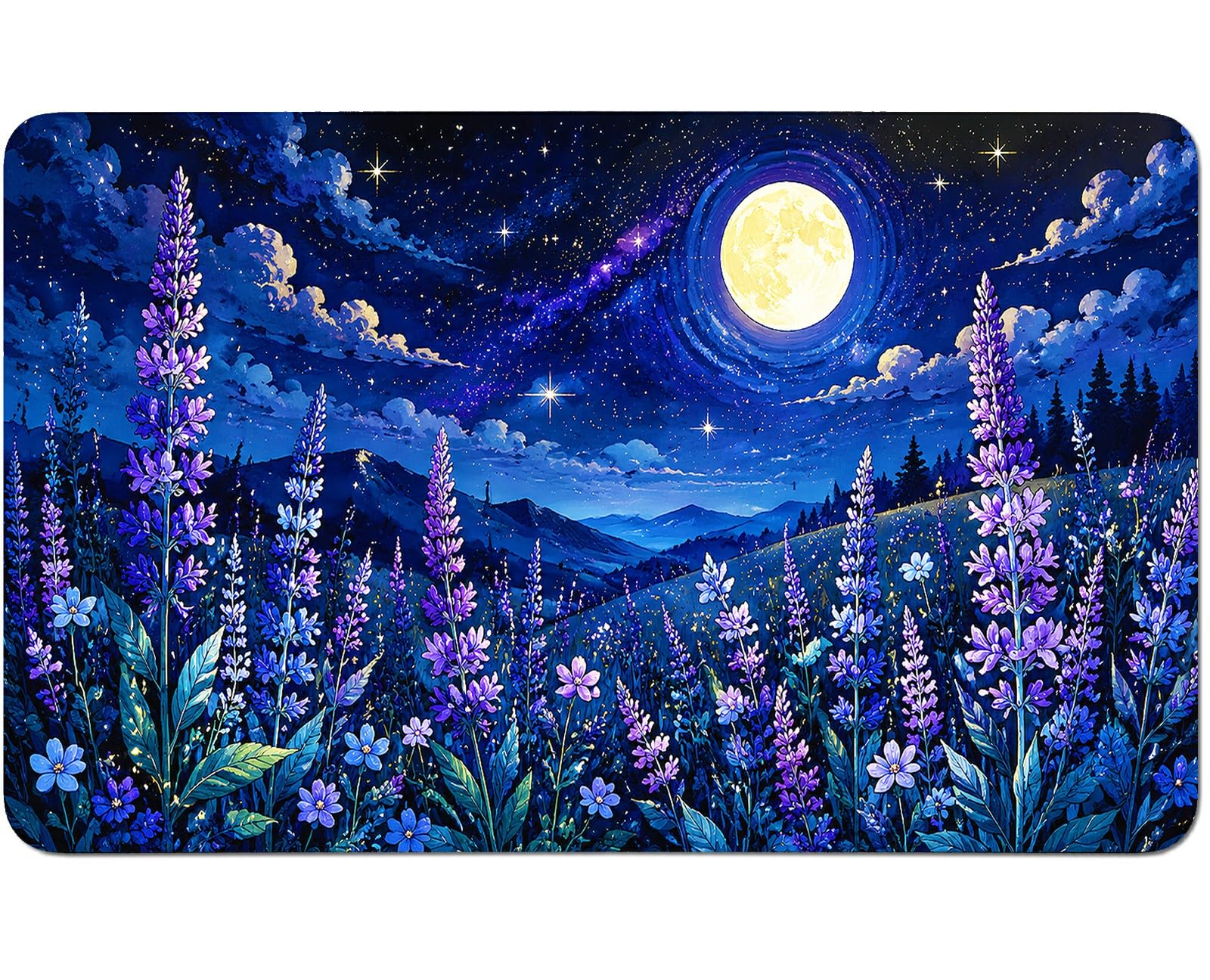 RWUTYTIUL Purple Flowers Moon for TCG Playmat 24 X 14 Inch with Play Zones, Stitched Card Game Mat for Commander Board MTG RPG CCG Desktop Tablet Mouse Pad for Enthusiasts Playing Accessories
