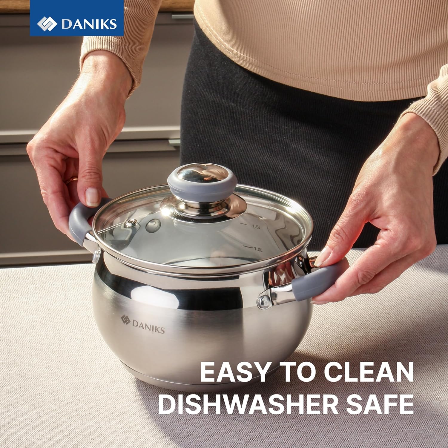 Daniks Modern 2 Quart Stainless Steel Stock Pot with Glass Lid, Tri-Ply Bottom for Even Heating, Induction Compatible, Dishwasher Safe, Heatproof Handles - Image 7