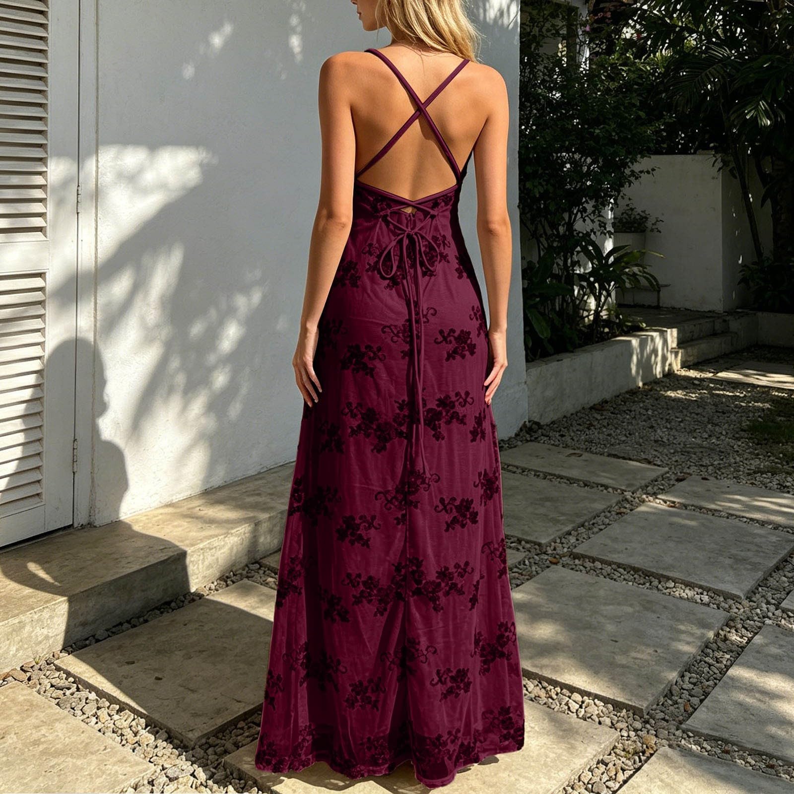 Robe Dos Nu Femme Boheme Robe Longue sans Manches Chic Et Elegant Imprimé Sexy Col V De Soiree Dress Léger Décontracté Grande Taille Plage Ete Dresses pour Cocktail Base
