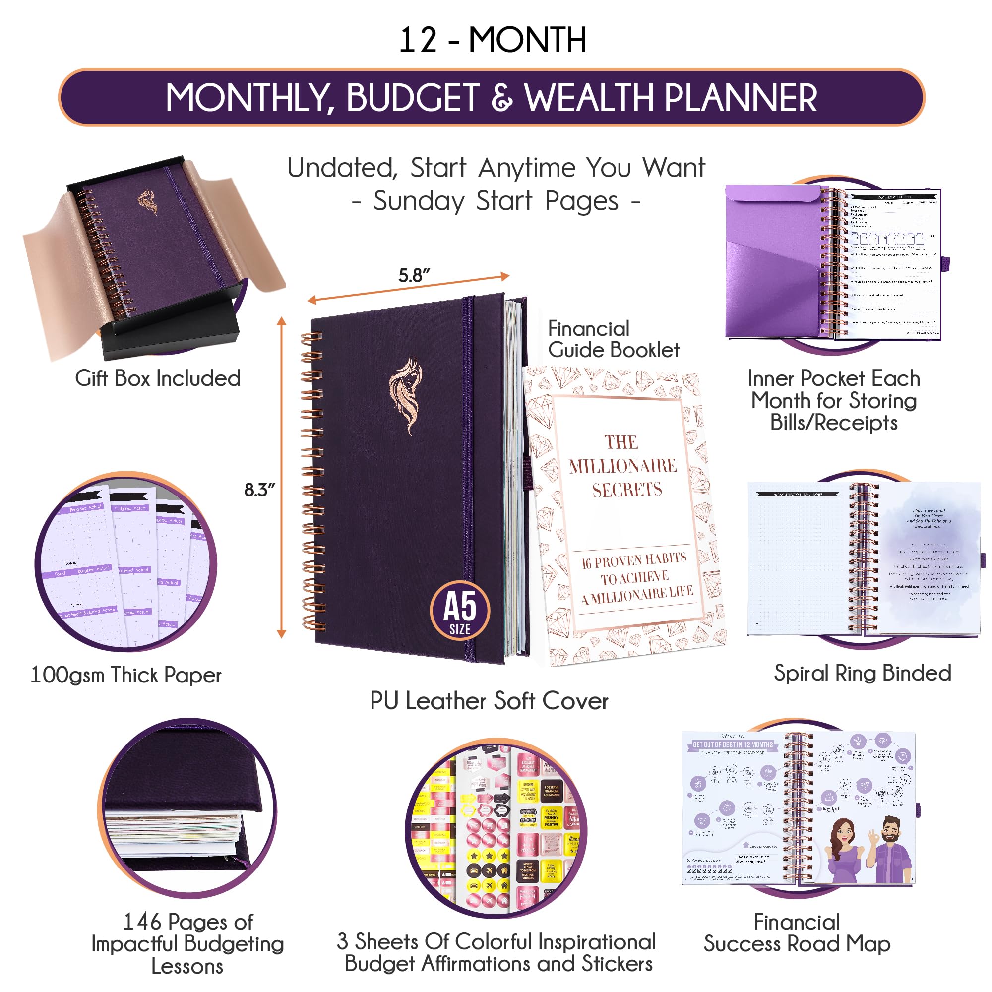 Finanzplaner & Monatsbudget Organizer – 12-Monats-Budgetbuch zur Geldverwaltung | Undatierter A5 Deluxe Budget-Planer mit Ausgaben-Tracker, Zielsetzung & Sparübersicht