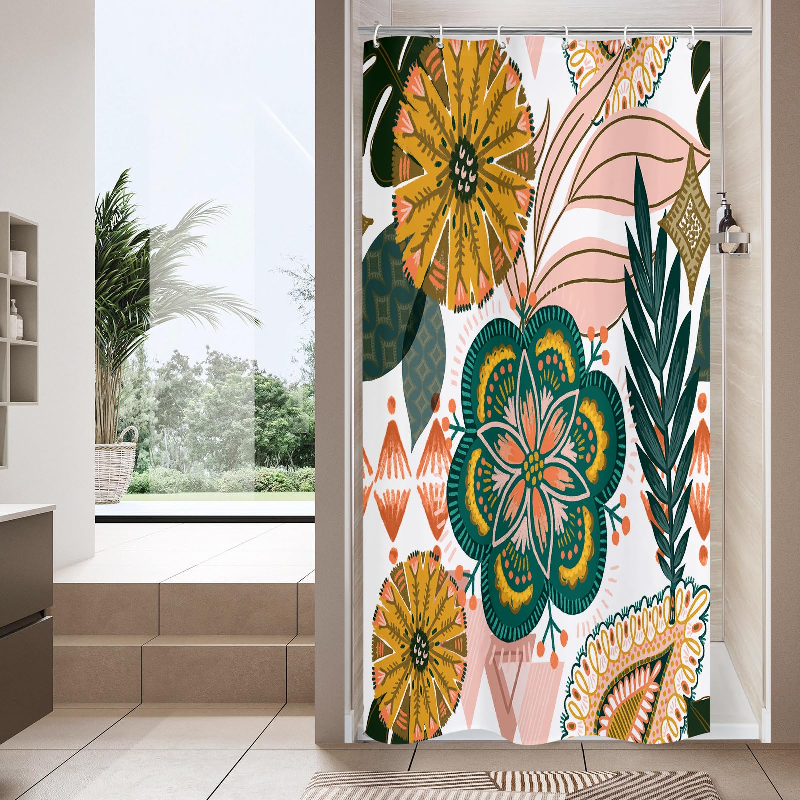 Boho Floral Shower Curtain, White &amp; Pink Botanical Curtain, 36 x 72