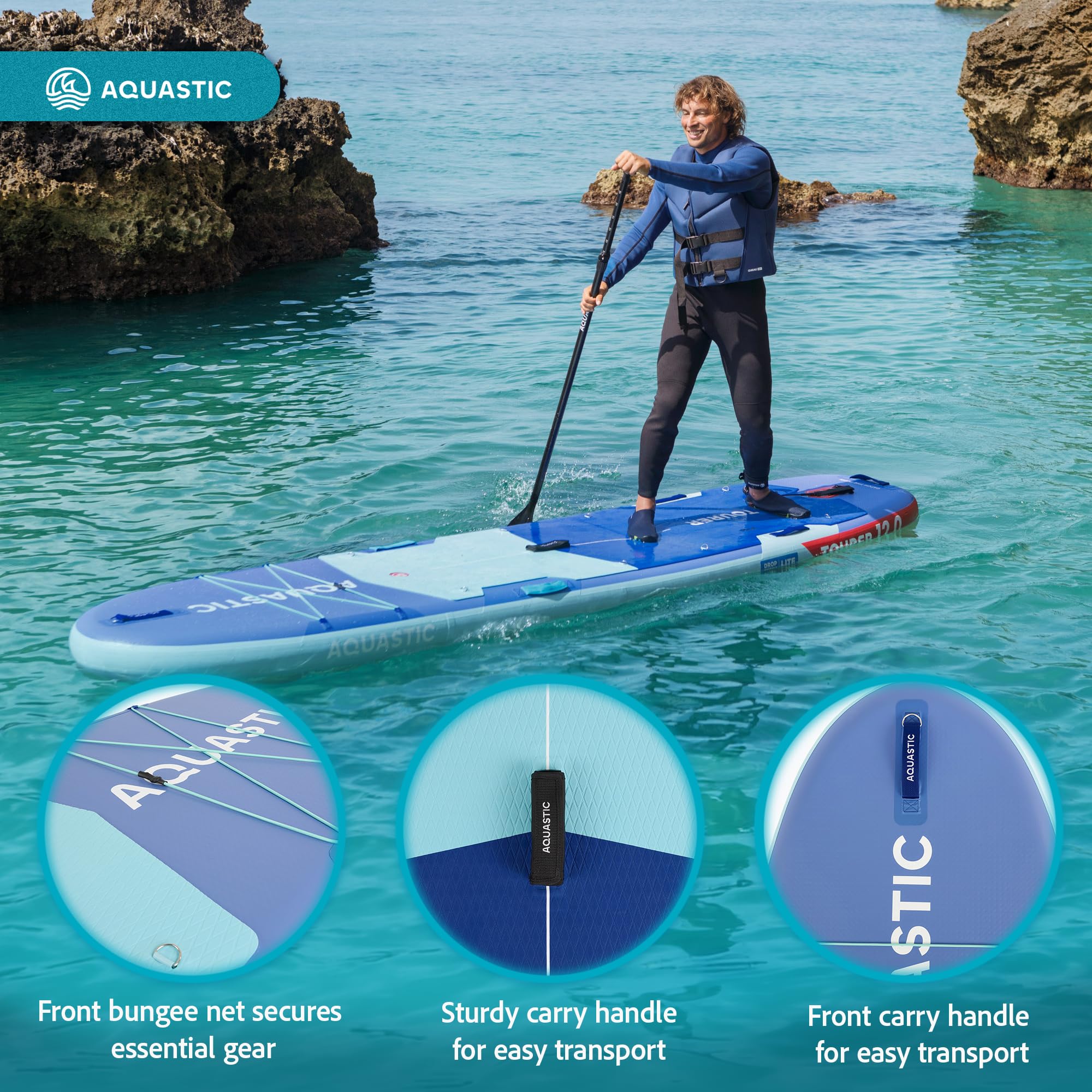 AQUASTIC Tourer nadmuchiwana deska SUP 12'0″ | Allround Touring | 365 x 86 x 15 cm | pojemność skokowa 410 l | 2 miejsca kajakowe | technologia Drop Stitch Lite | maksymalne obciążenie 200 kg
