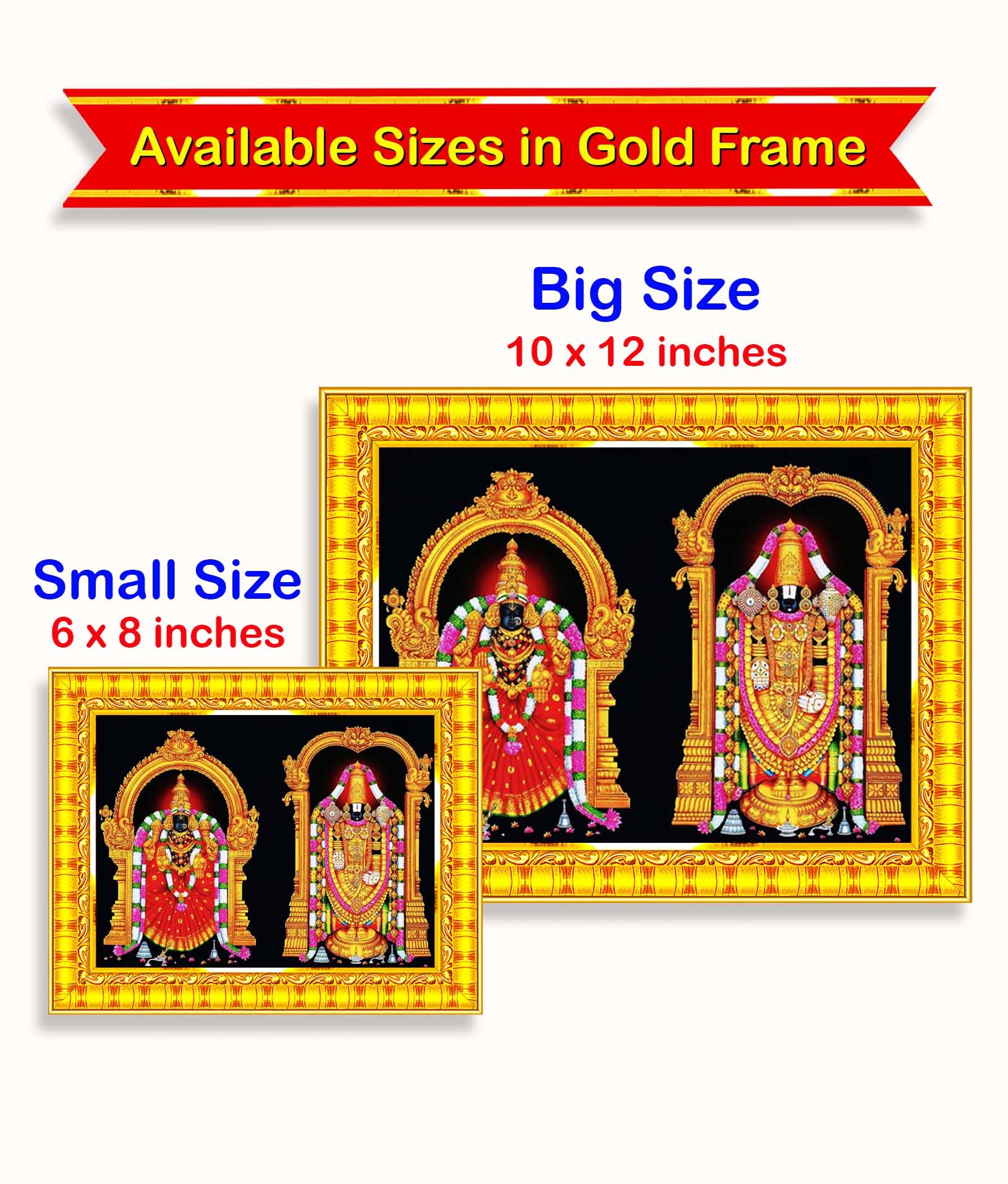 Wandbild Mit Indischen Gottheiten – Gerahmtes Gemälde In Holzoptik, Goldmatt, 15x20 Cm (Balaji, Lakshmi, Padmavati)