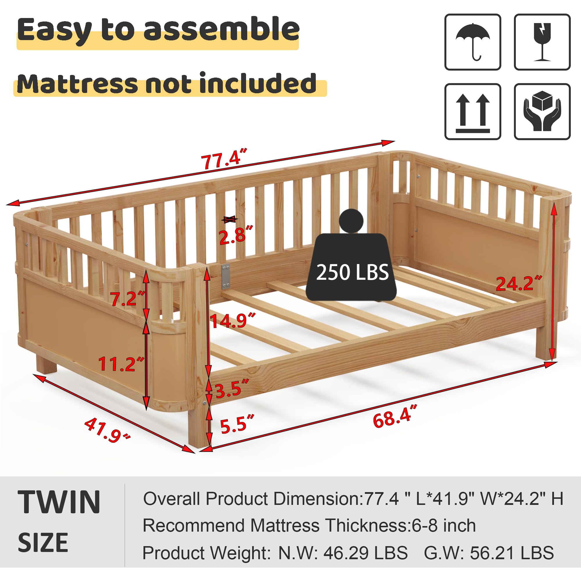 Twin Size Kids Bed with Rails, Wood Twin MontessoriBed Frame with Slats Support, Low to Ground Modern Baby Bed Daybed with Detachable Side Rails for Boys Girls Bedroom, Natural