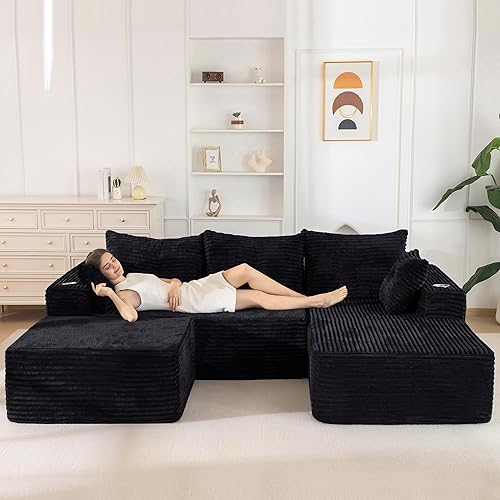 MAXYOYO 104" U-Shaped Modular Sectional Couch, Modern Boneless Couch for Living Room, Sofa in A Box, Oversized Sofa Sleeper with Deep Seat, No Assembly Required, Black