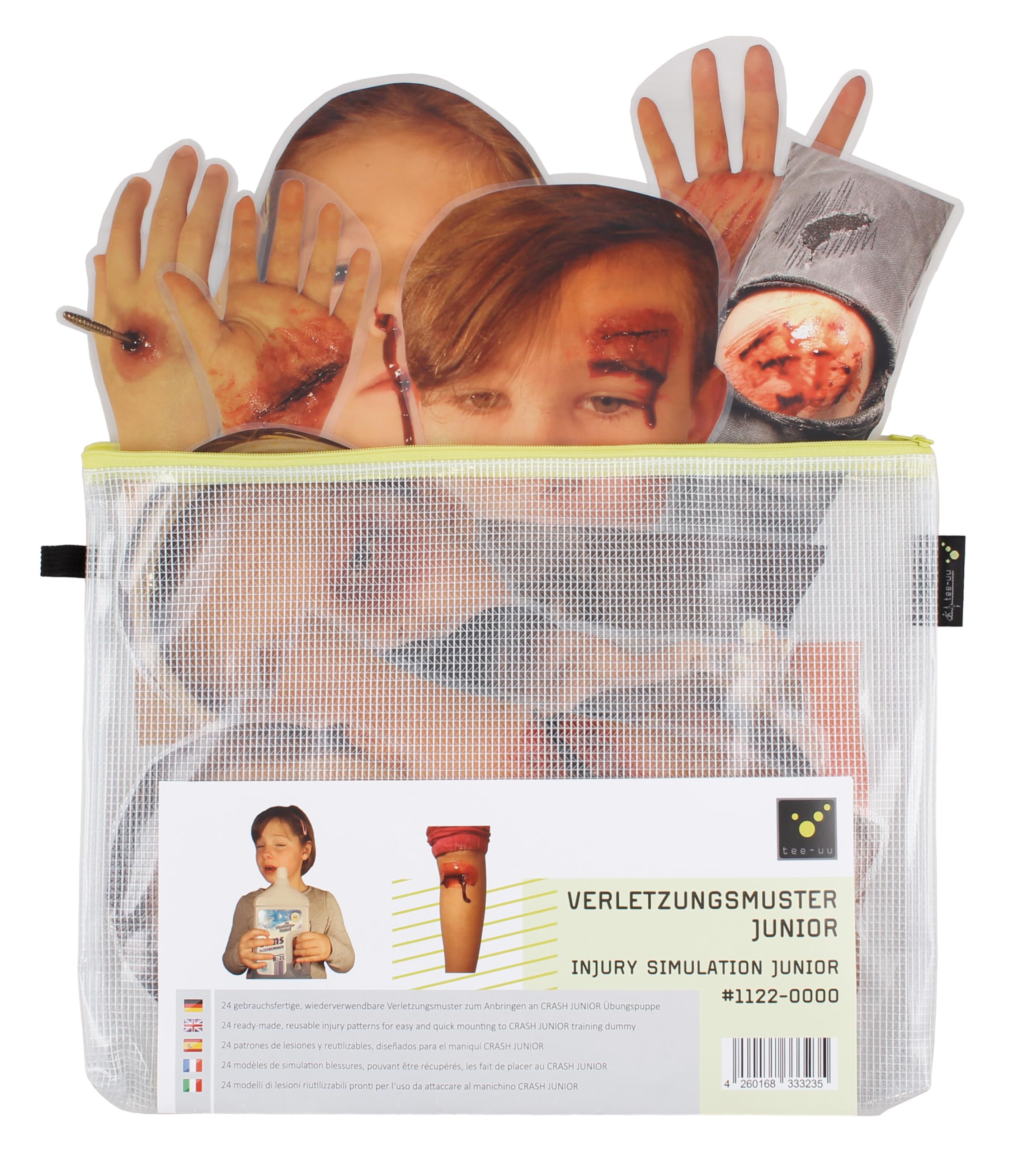 tee-uu VERLETZUNGSMUSTER-SET JUNIOR | Set aus 23 Einzelfolien | für CRASH JUNIOR Übungspuppe