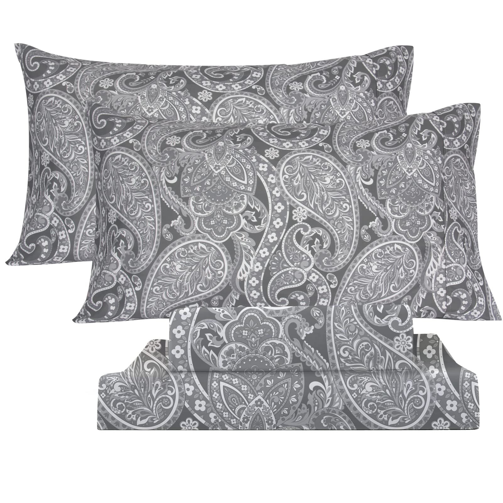 Queen Bed Sheets Set 4PC - Grey Paisley Collection Soft Warm 1800 Thread Count Brushed Printed Bed Pillowcase Sheet, 8-17“Deep Pocket Bed Sheet Set, Machine Washable Patterned Double Bedding
