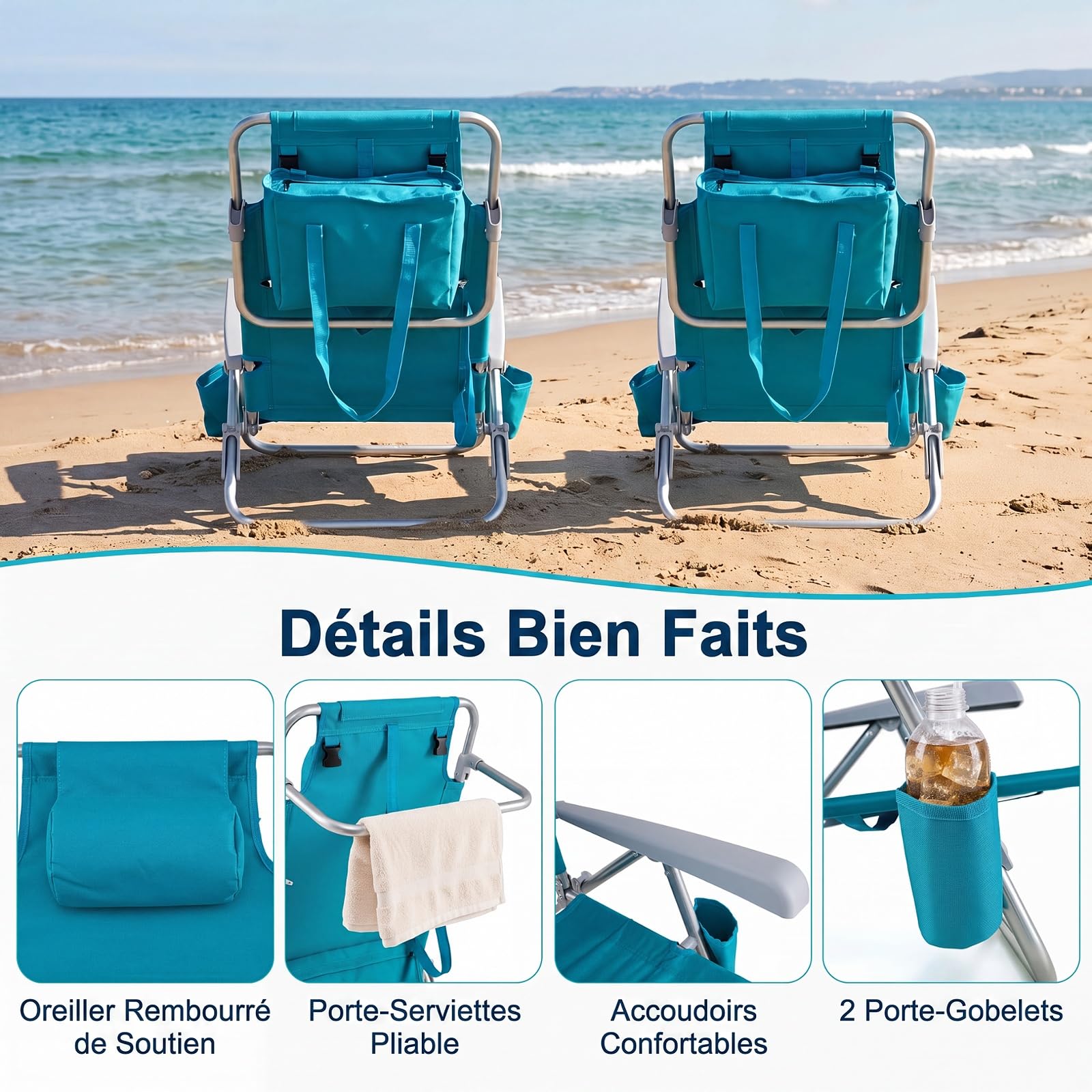 COSTWAY Lot de 2 Chaises de Plage Pliable, Dossier Réglable 7 Positions | Sac Isotherme Amovible, Chaise Longue en Aluminium, Porte-Serviette, Porte-Gobelets, Charge 150 kg, pour Camping Pêche Voyage