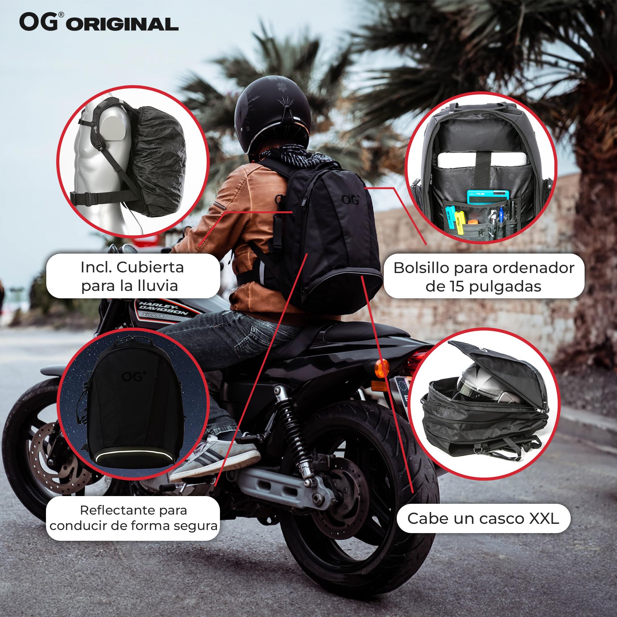 OG Original EZ-RiderPRO Mochila Moto Negra Expandible 28-35L, Bolsa Porta-Cascos Motorista, Correa Casco, Impermeable, Portátil, Reflectante
