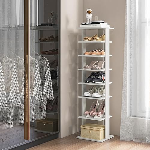Miniatura 7 de COSTWAY Zapatero vertical de 8 niveles, organizador de almacenamiento de zapatos alto y estrecho con estante extraíble para botas, kit antivuelco,