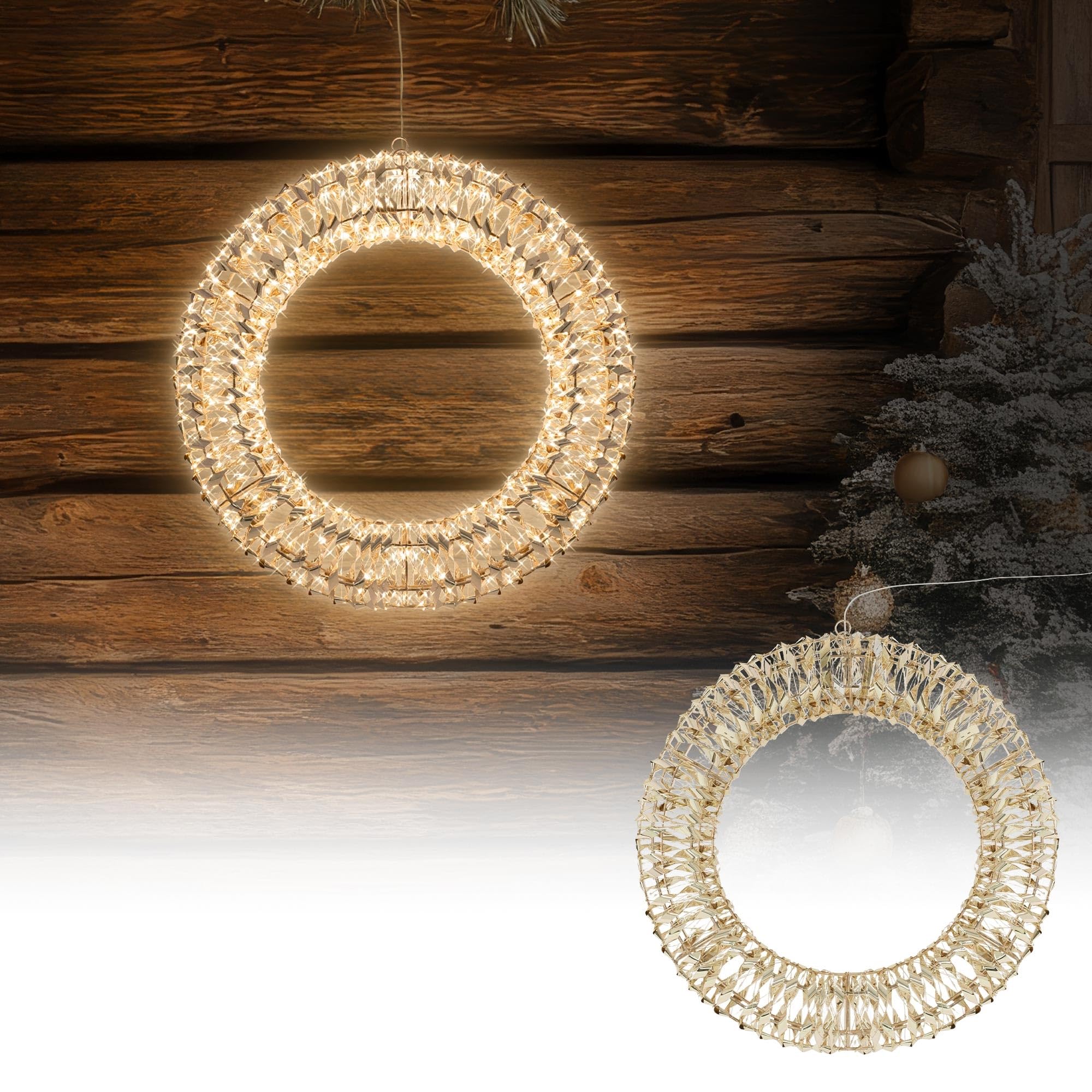ECD Germany LED Weihnachtskranz Ø38cm mit 480 warmweißen Micro LEDs & Timer, IP44 Wasserdicht Innen/Außen, 3D Metallkranz LED Beleuchtung, Hängekranz Lichterkranz Leuchtkranz Türkranz Weihnachtsdeko