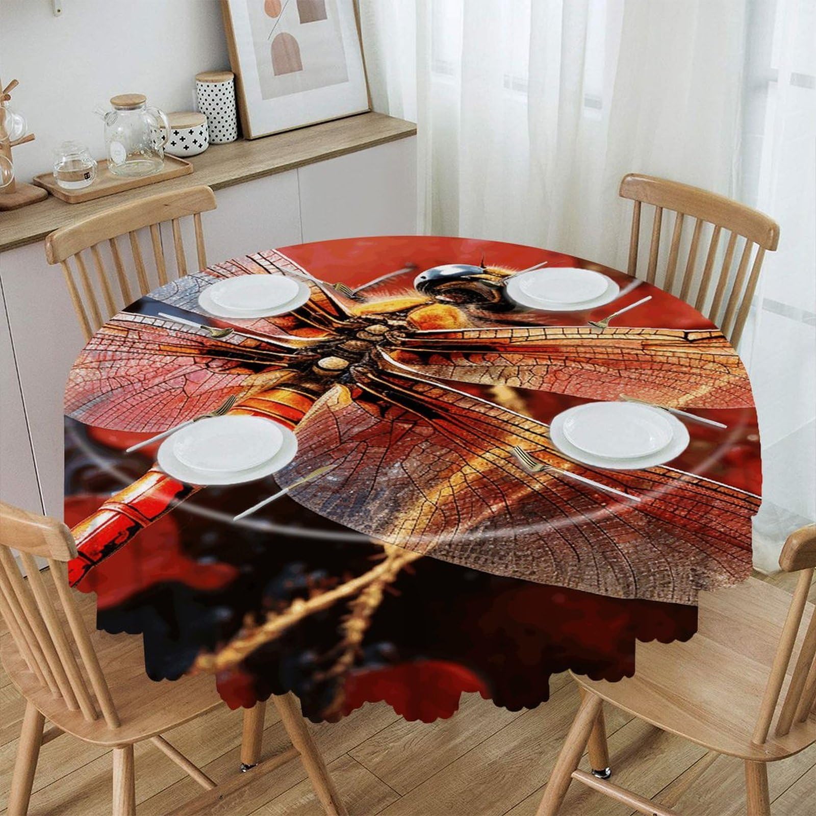VstaDank Red Dragonfly Round Tablecloth Premium Polyester Table Cloth Heavy Duty Washable Fabric Tablecloth Waterproof Holiday Table Cover Decorative Tablecloths for Dining 60"