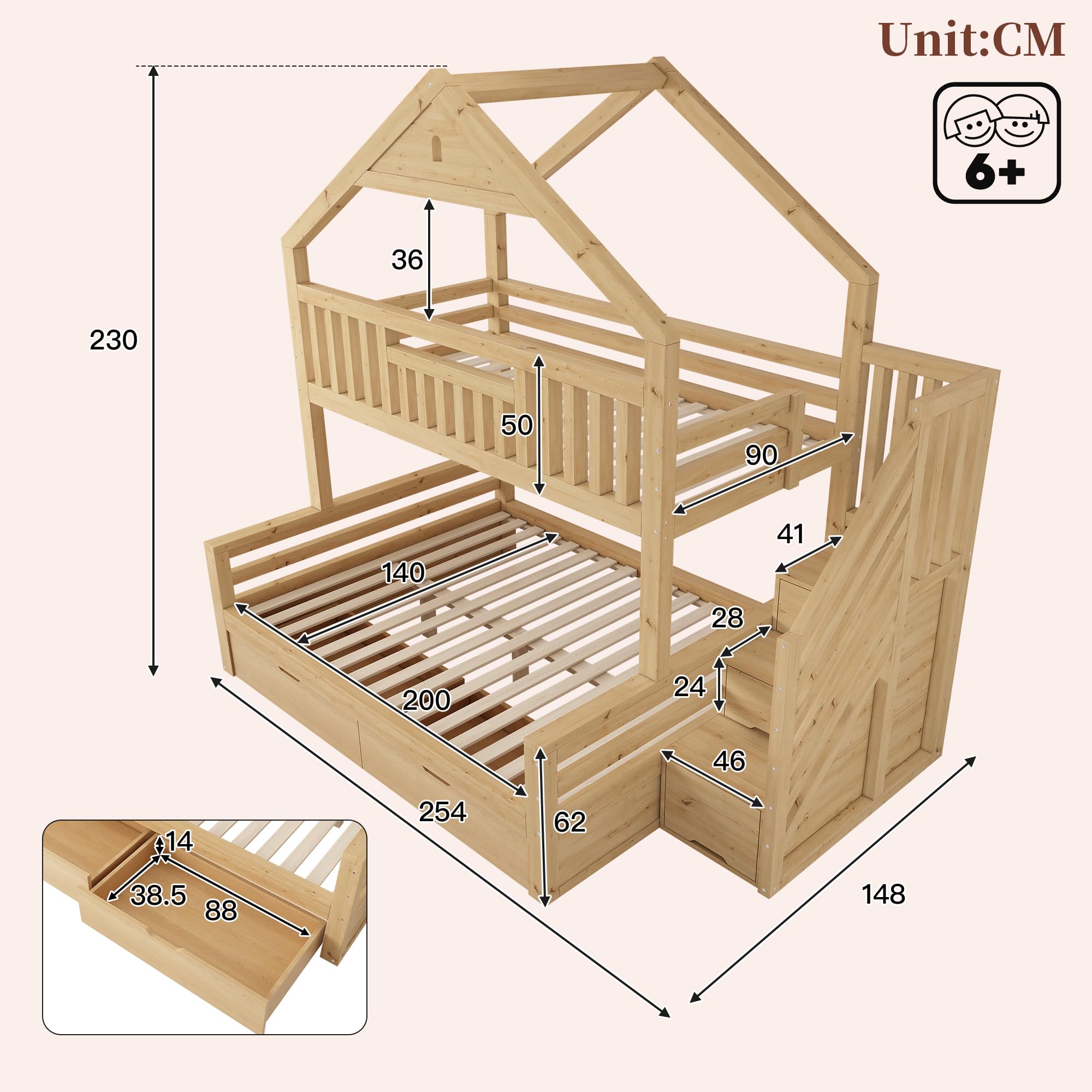 Shye Letto a castello per bambini, 90 x 200 e 140 x 200 cm, in legno con scale, 2 cassetti, tetto a battente, letto familiare, colore rovere (senza materasso)