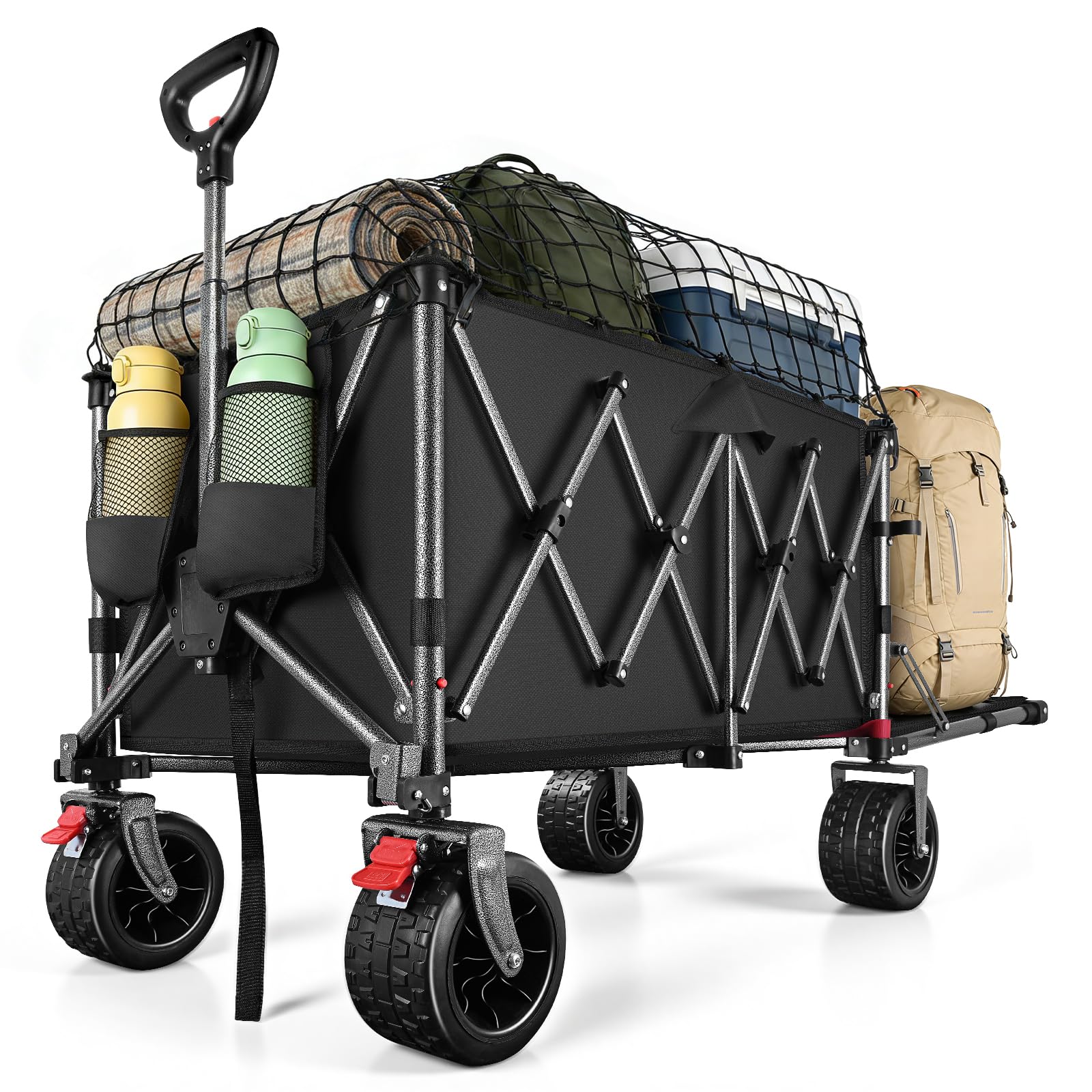 YEAUPE PRO Carrello Spiaggia 250KG, Carrellino con Ruote Grandi Girevoli a 360°, Tutti i Terreni, con rete elastica inclusa. Ideale per trasporto outdoor, prato e campeggio, 200-300L, Nero