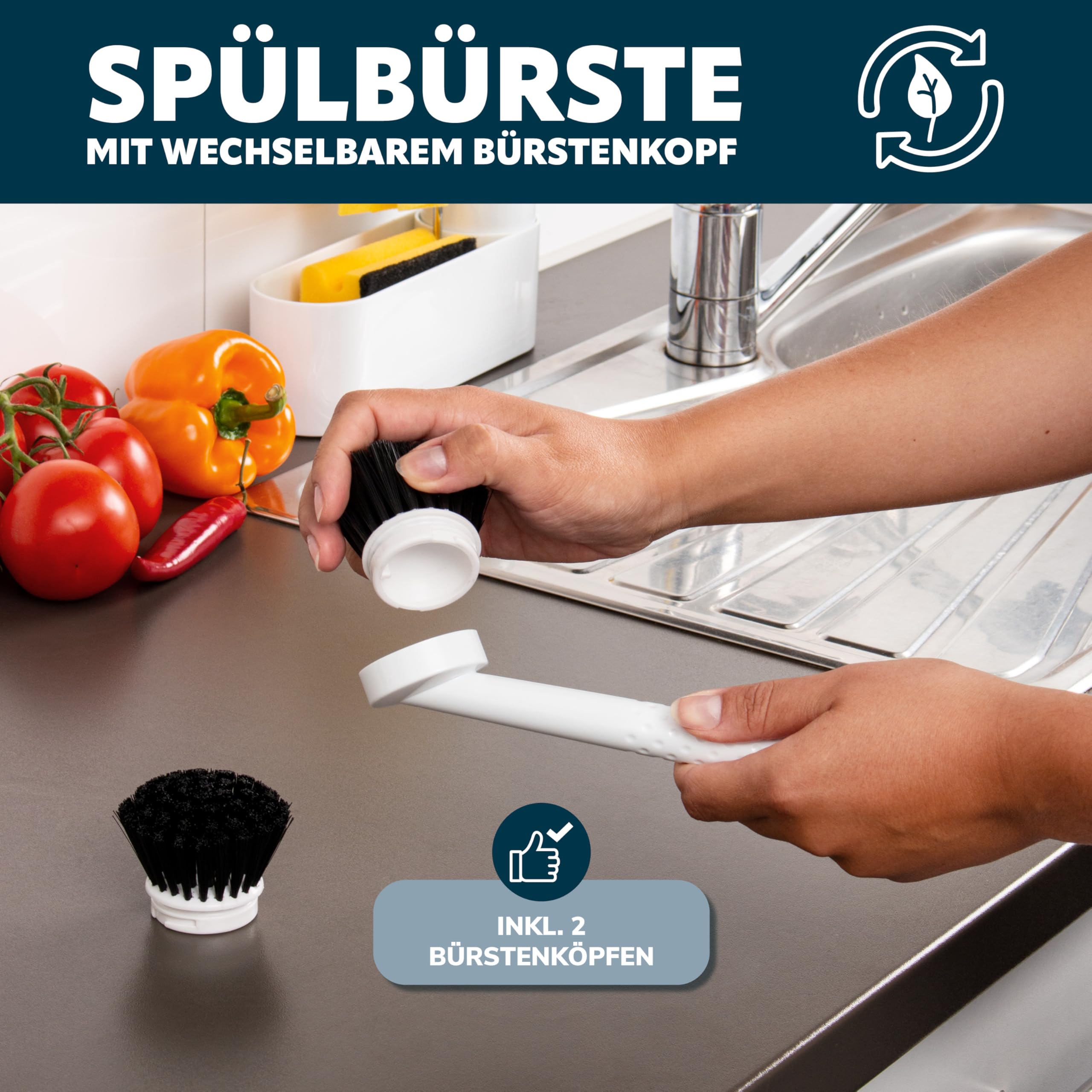 bremermann Spülbecken Organizer für Küche & Bad, Spülutensilienhalter inkl. Seifenspender, Spülbürste mit Bürstenkopf und Spültuchhalter, mit Ersatzbürstenkopf und Pumpe, weiß