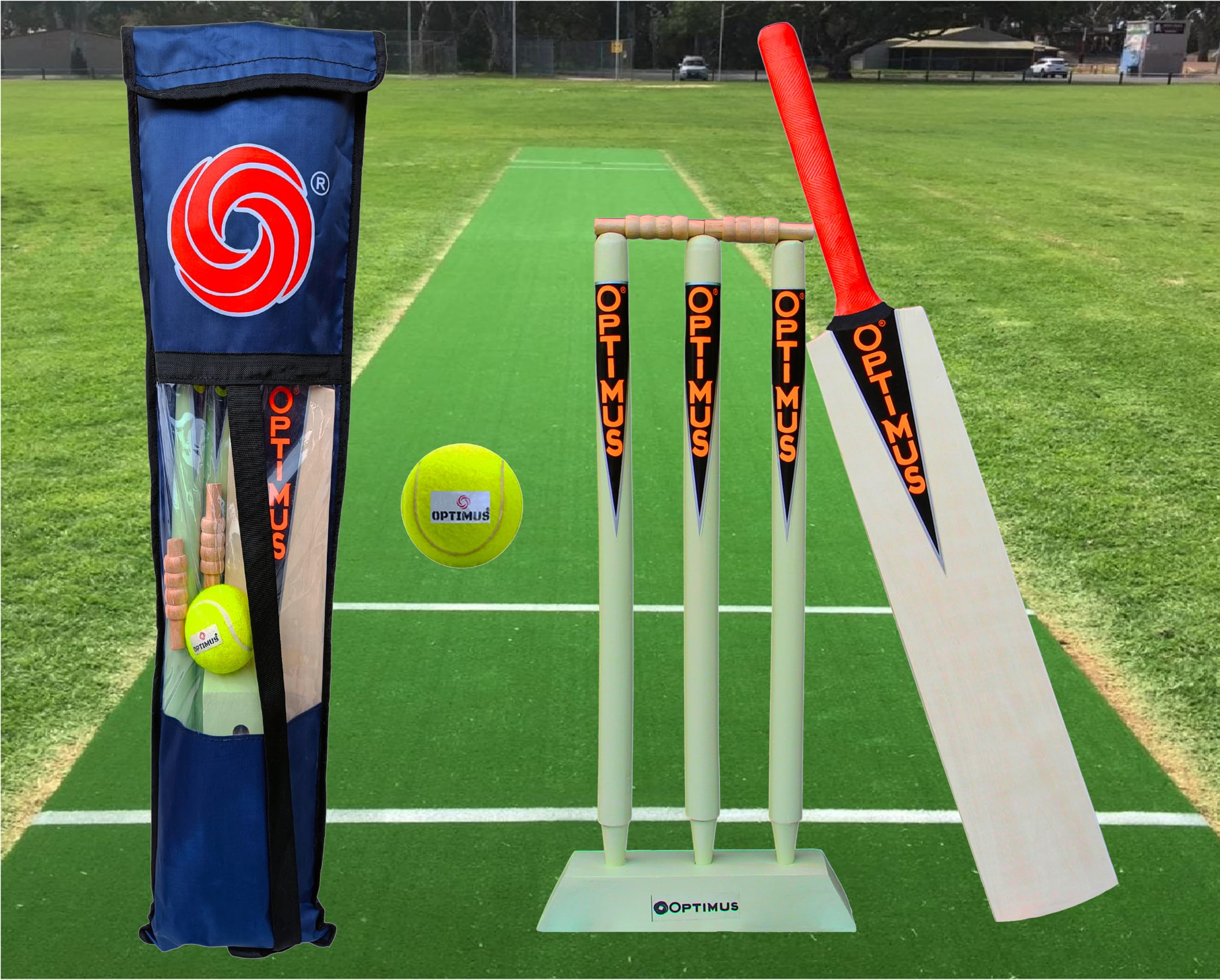 Optimus® Cricket Wooden Kit Combo Set for Kids in Heavy Tetron Cover - Size 3 for 7-8 Year Kids (1 Bat, 1 Tennis Rubber Ball, 3 Wickets, 1 Wicket Base, 2 Bails & 1 Kit Cover) 1B-image-7
