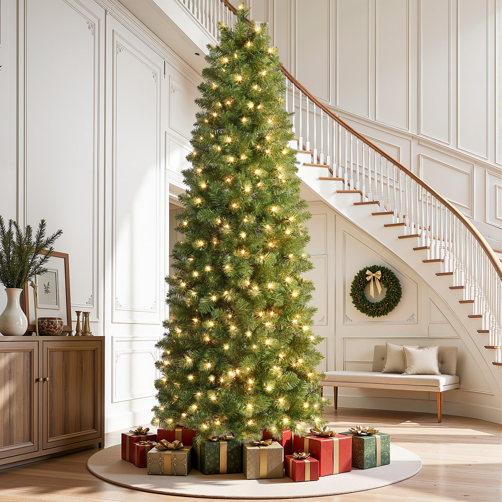 SHareconn Prelit Artificial Pencil Christmas Tree 9FT & Warm White Lights
